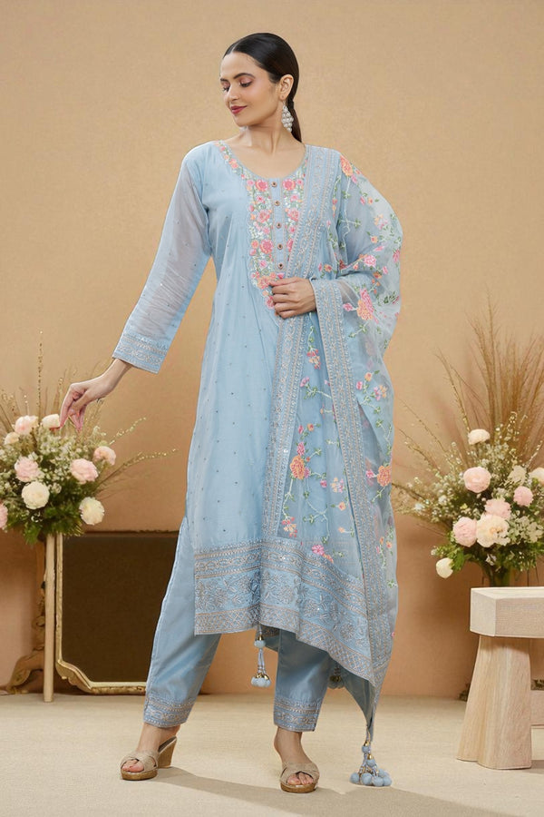 Powder blue glass silk kurta set with organza dupatta