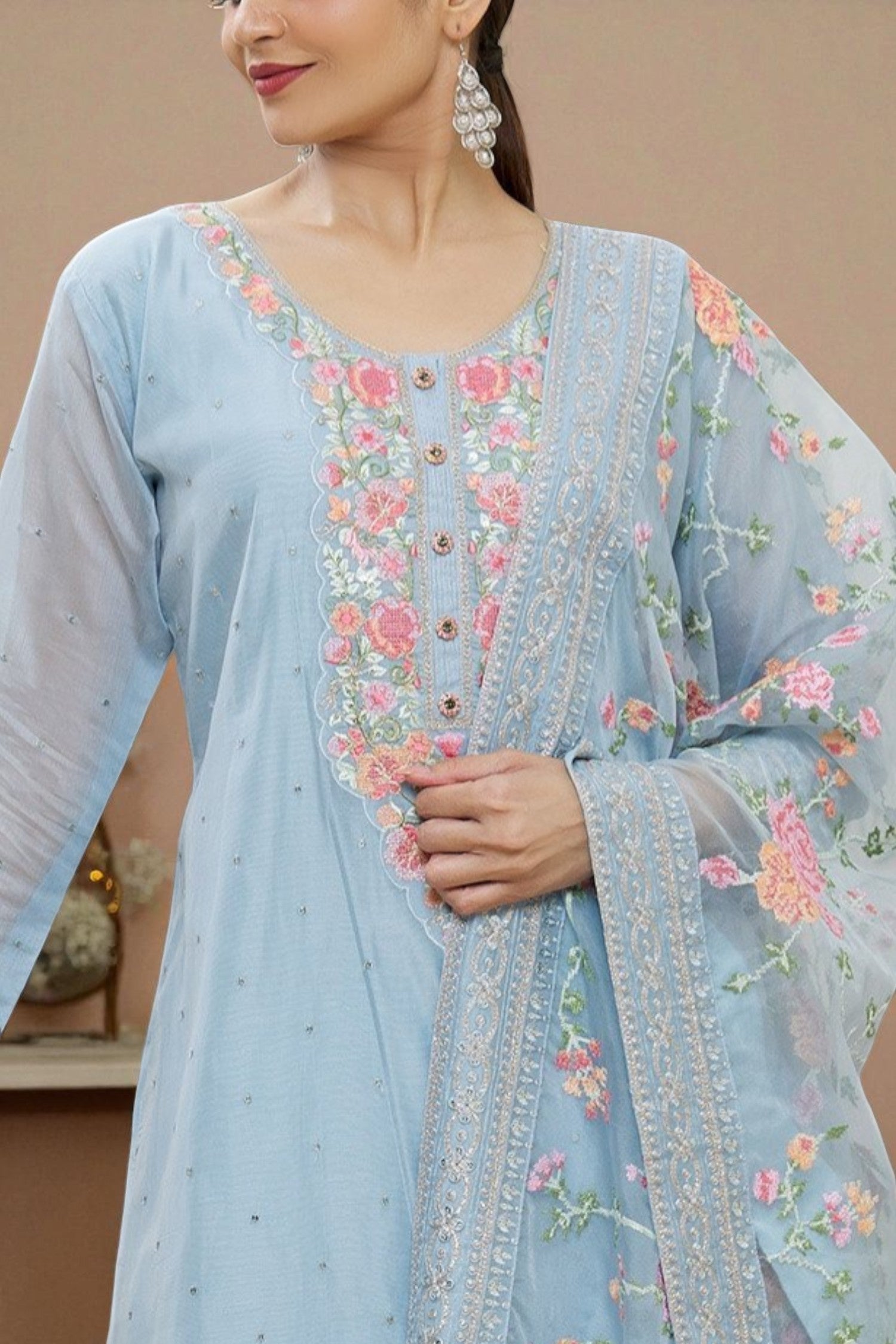 Powder blue glass silk kurta set with organza dupatta