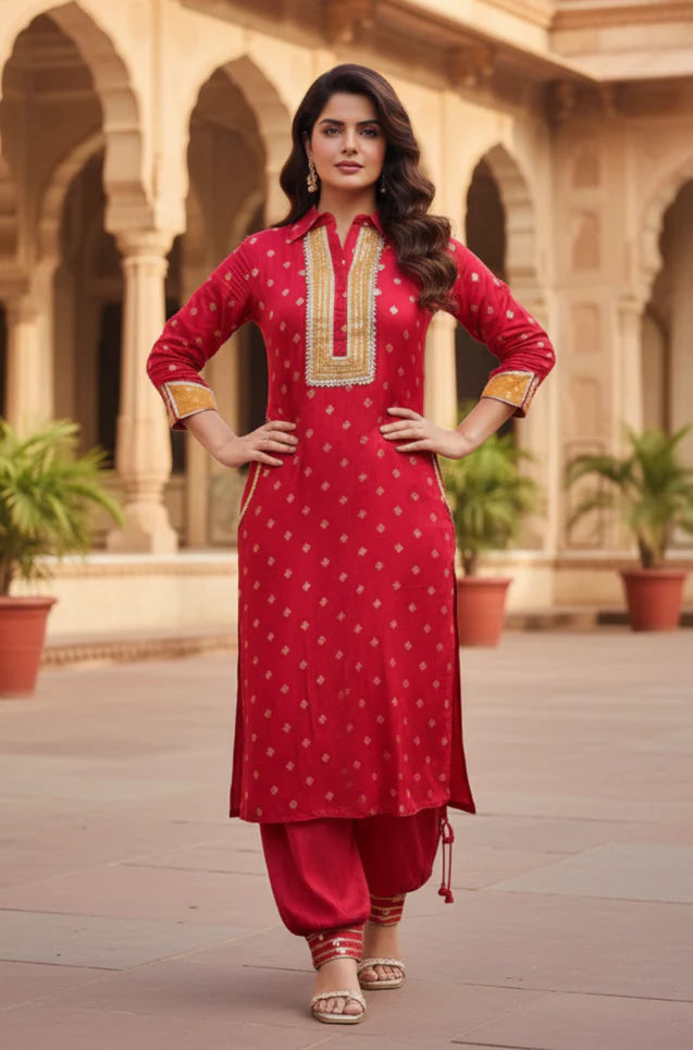 Red jacquard silk collared kurta and pathani pant 2 piece set