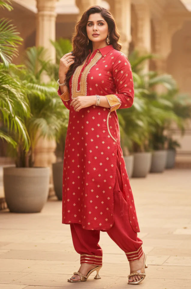 Red jacquard silk collared kurta and pathani pant 2 piece set