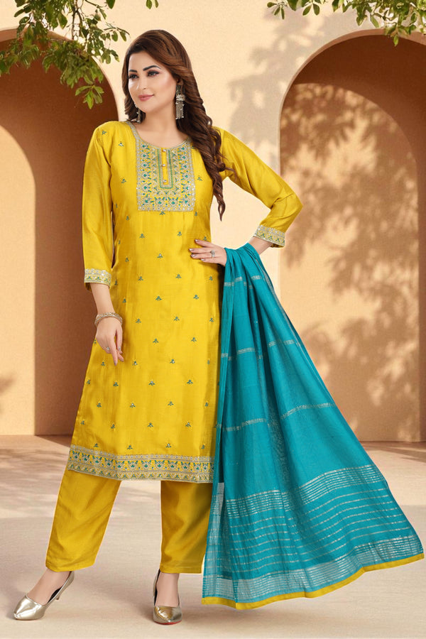 Yellow kurta set with blue dupatta