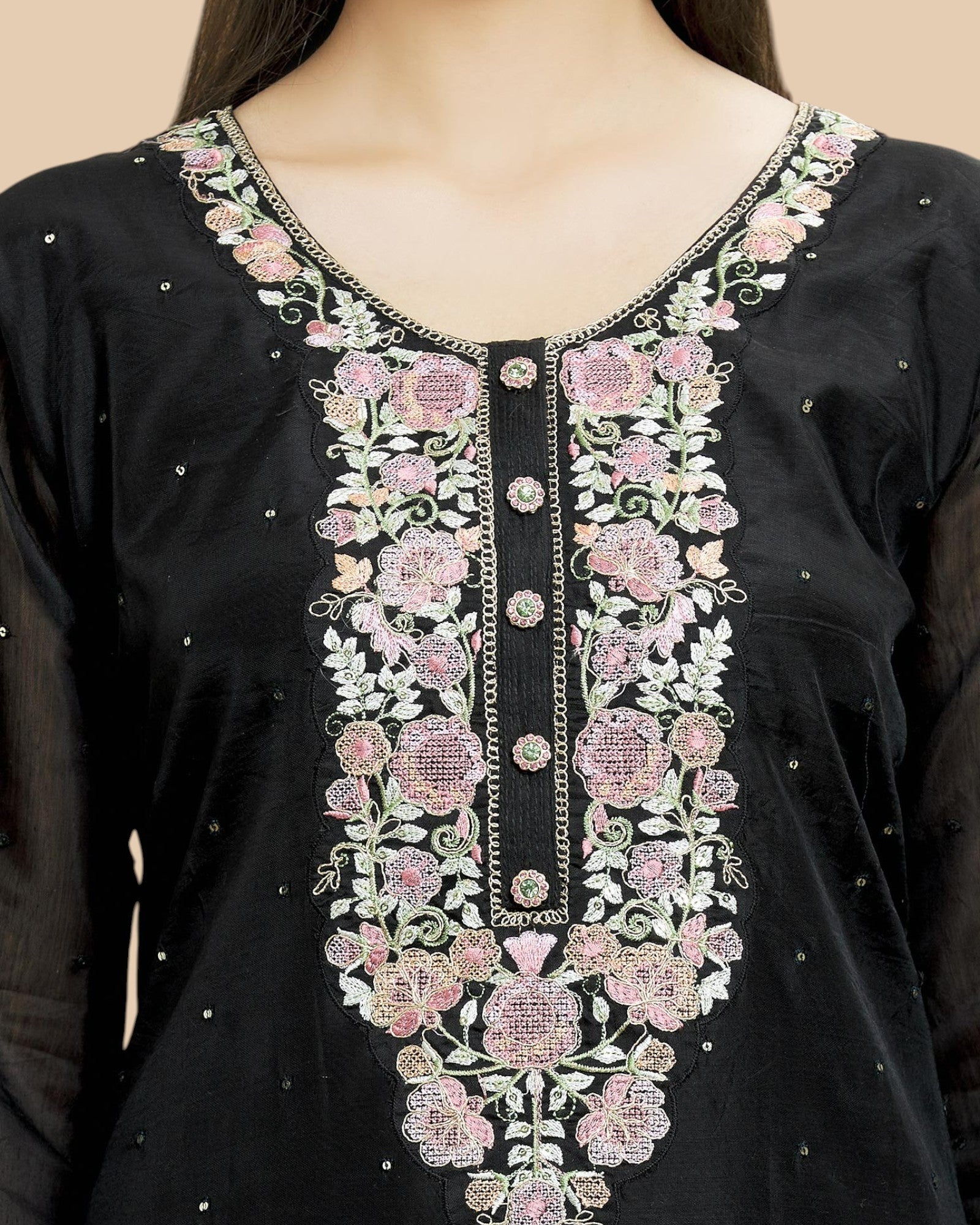 Black soft silk kurta set with organza dupatta