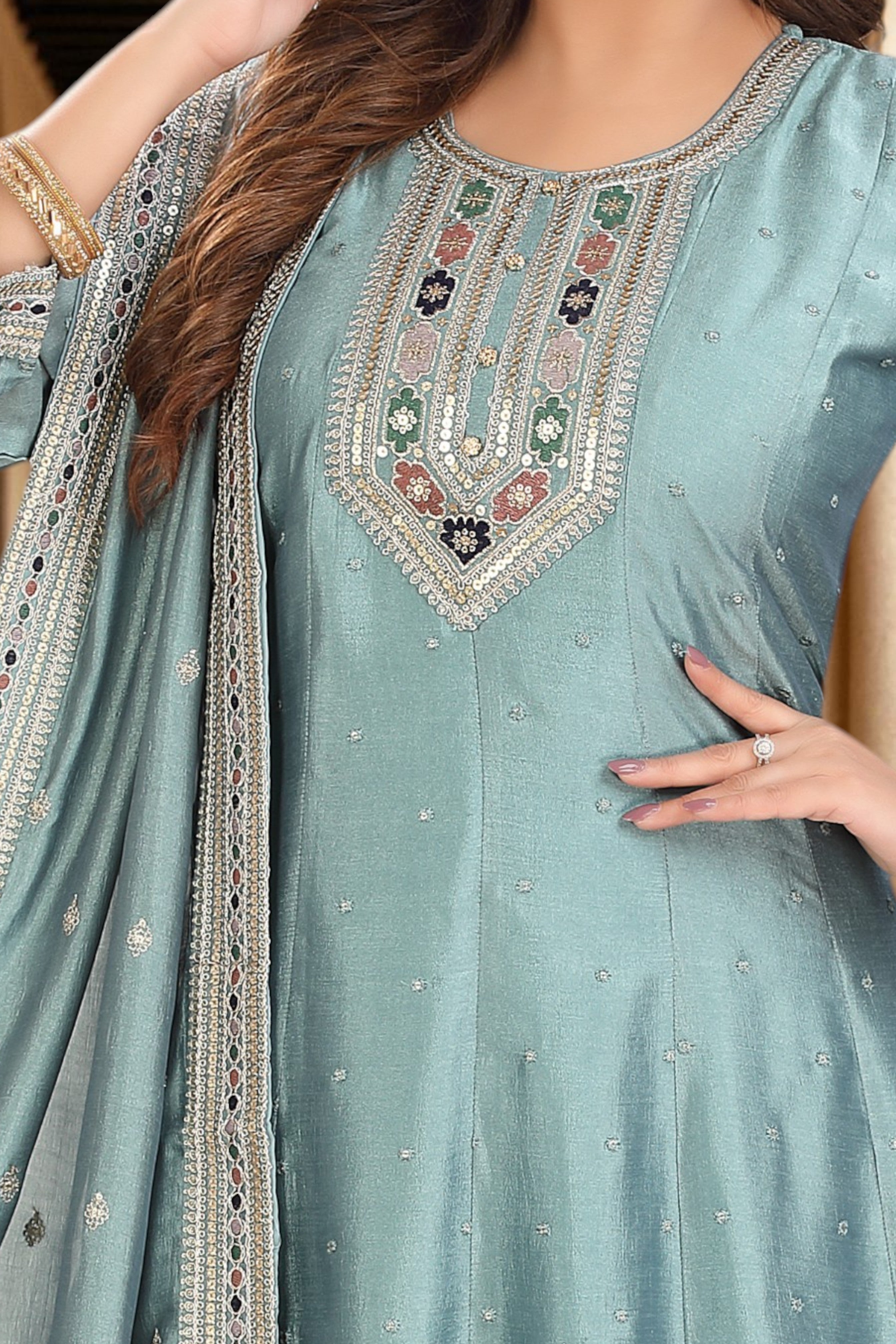 Sky blue embroidered anarkali kurta set