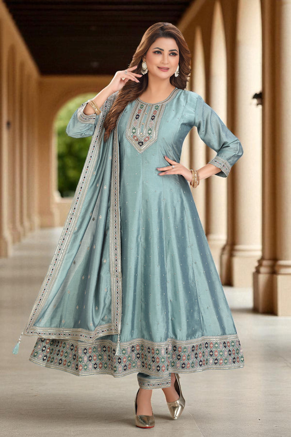 Sky blue embroidered anarkali kurta set