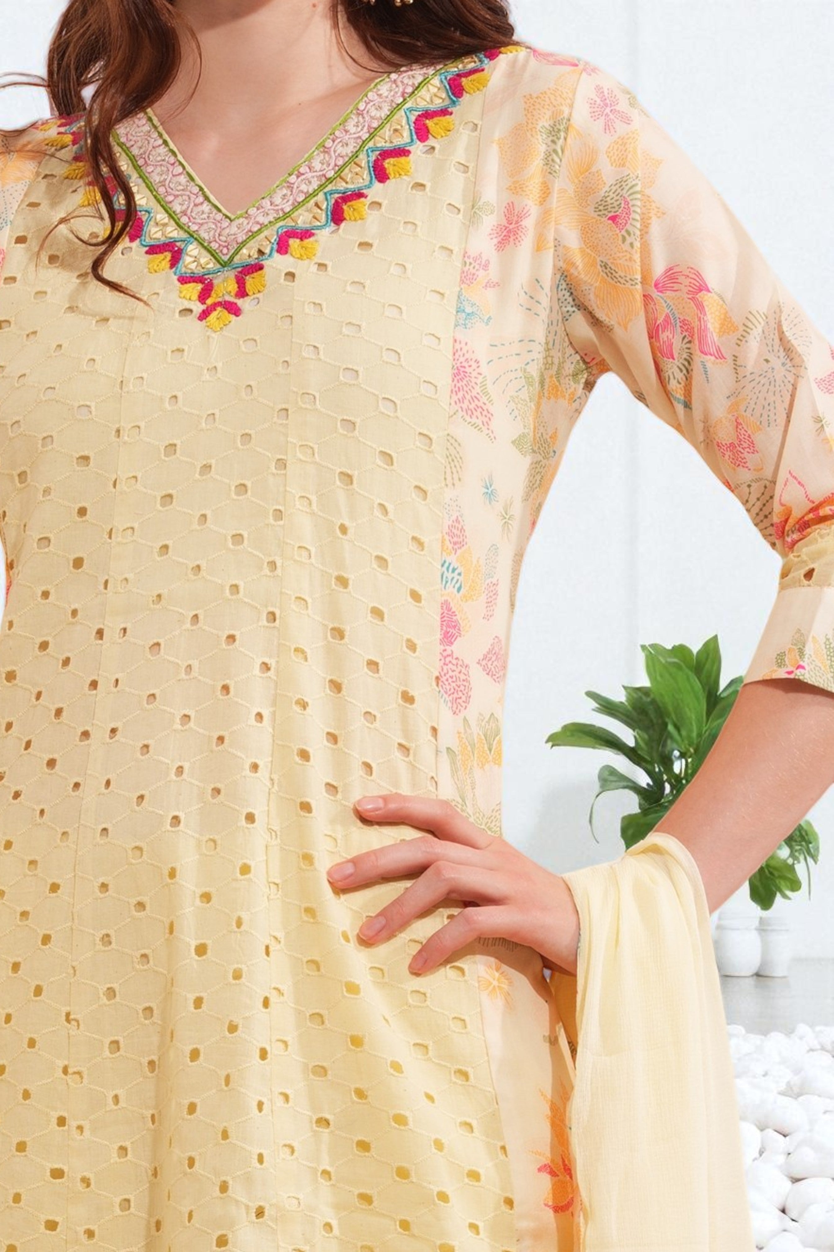 Butter yellow cotton eyelet anarkali kurta set with chiffon dupatta