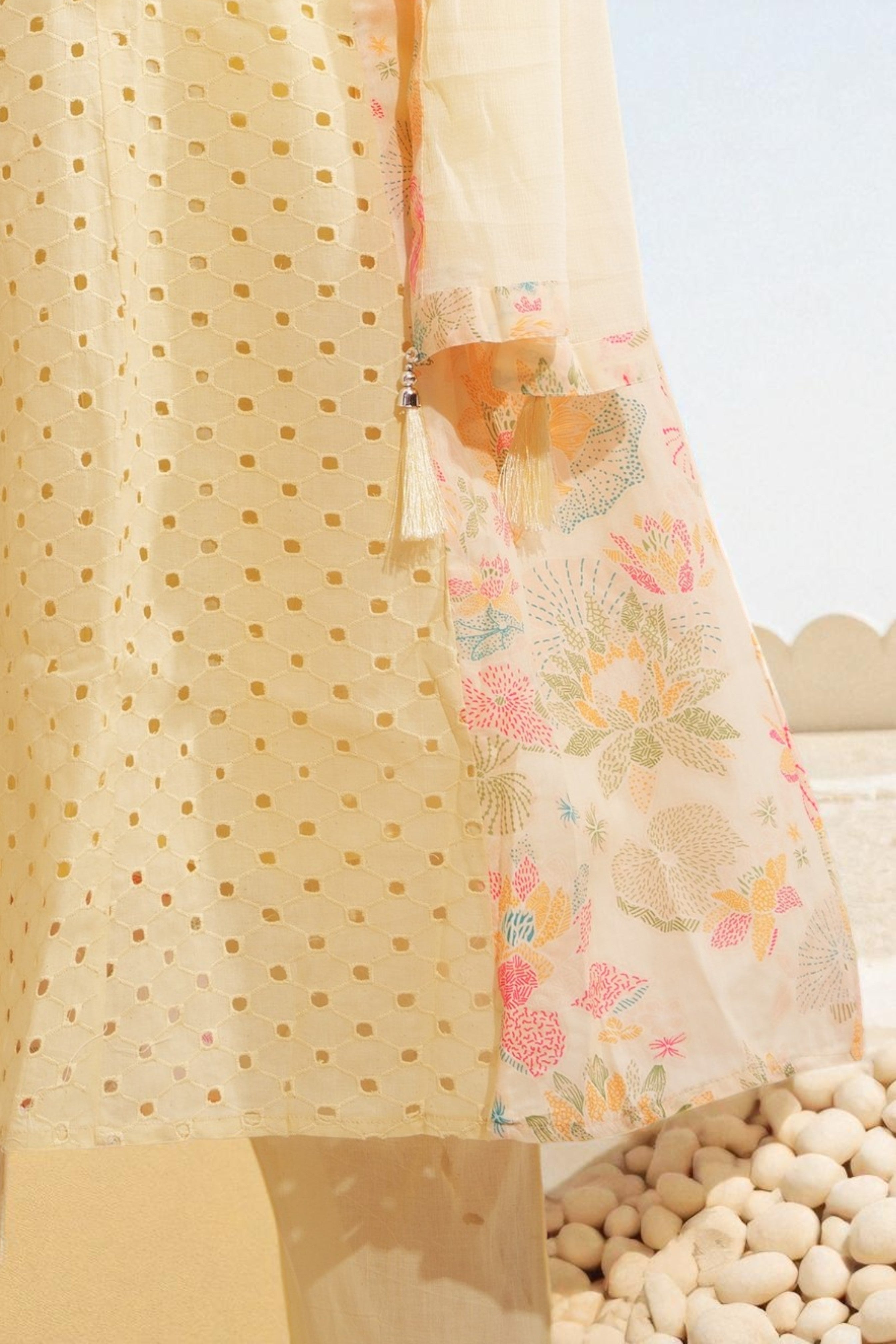 Butter yellow cotton eyelet anarkali kurta set with chiffon dupatta