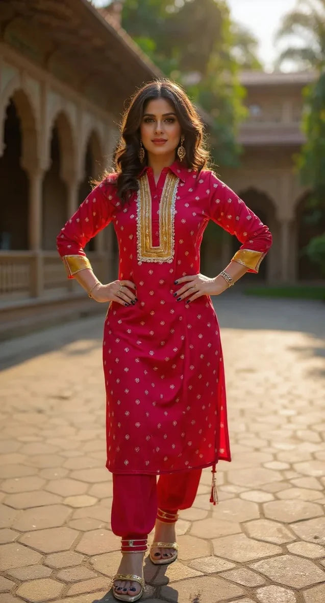 Red jacquard silk collared kurta and pathani pant 2 piece set