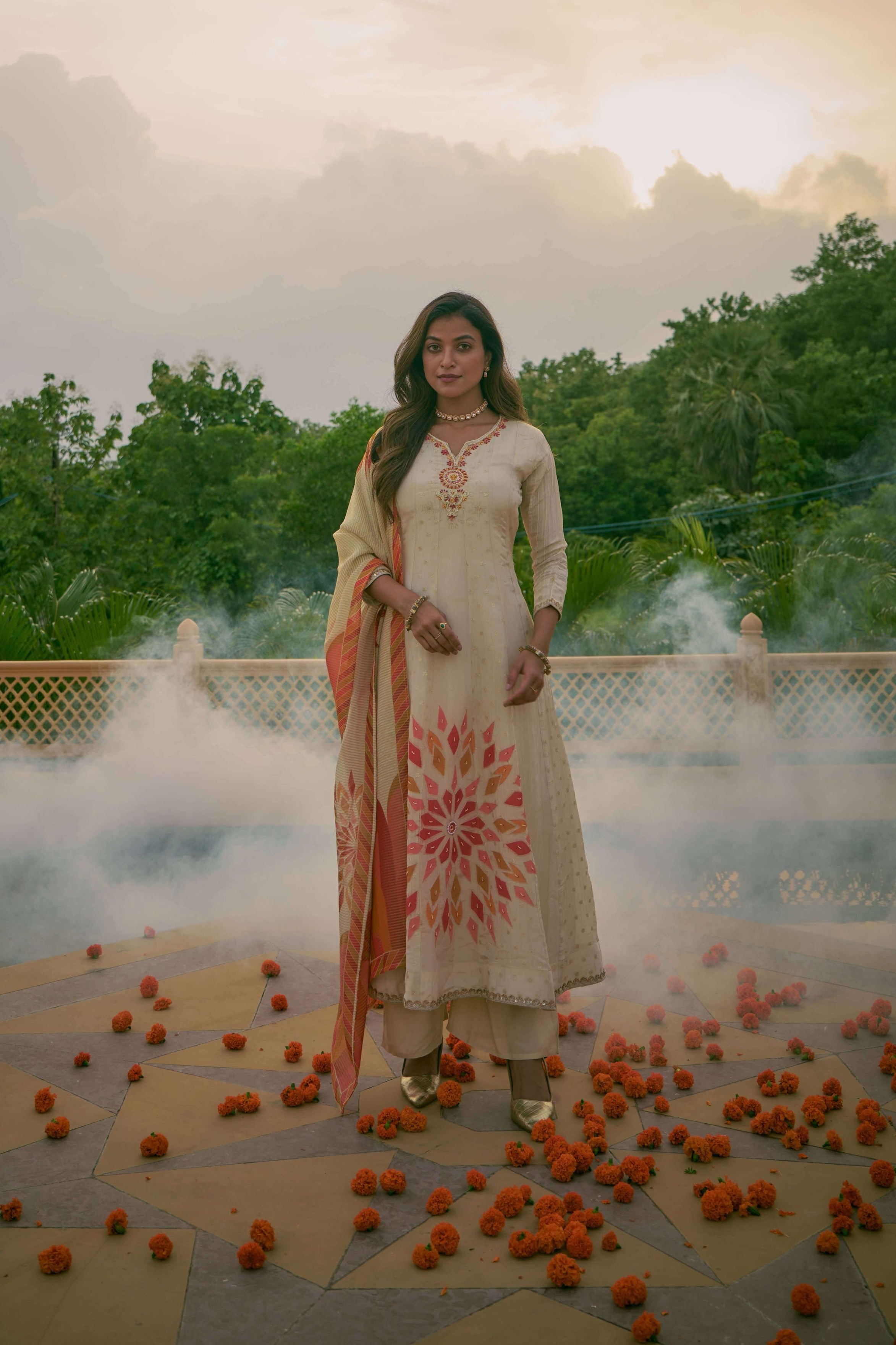 Beige jacquard silk anarkali kurta set with floral printed dupatta