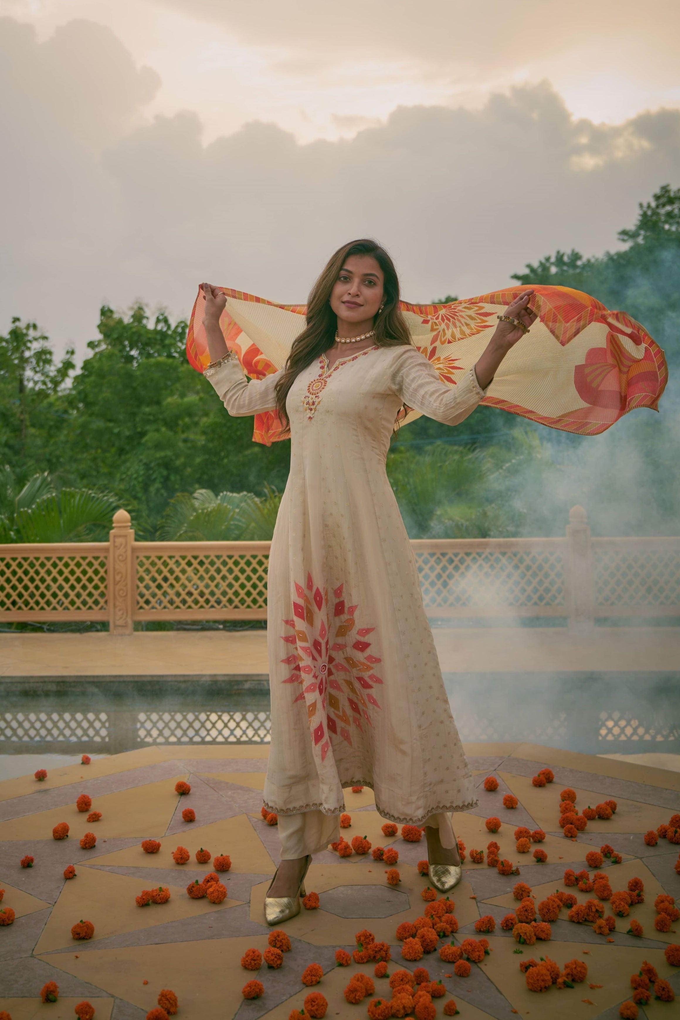Beige jacquard silk anarkali kurta set with floral printed dupatta