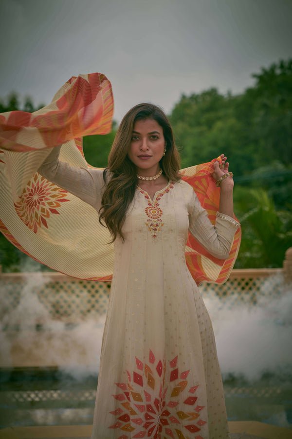 Beige jacquard silk anarkali kurta set with floral printed dupatta