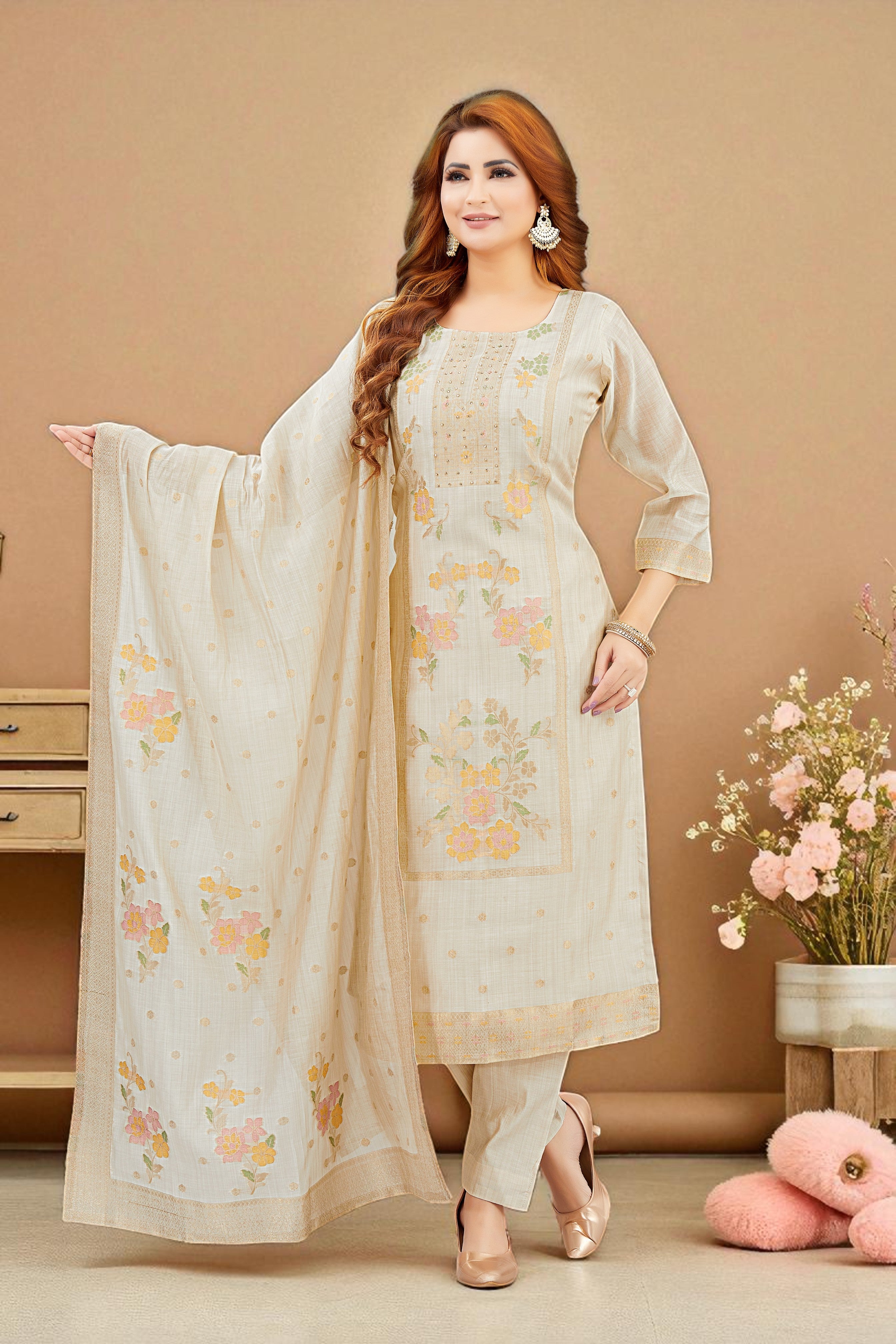 Off white jacquard silk floral kurta set