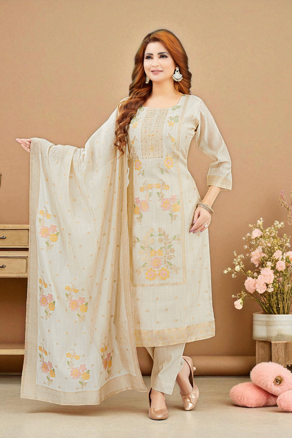 Off white jacquard silk floral kurta set