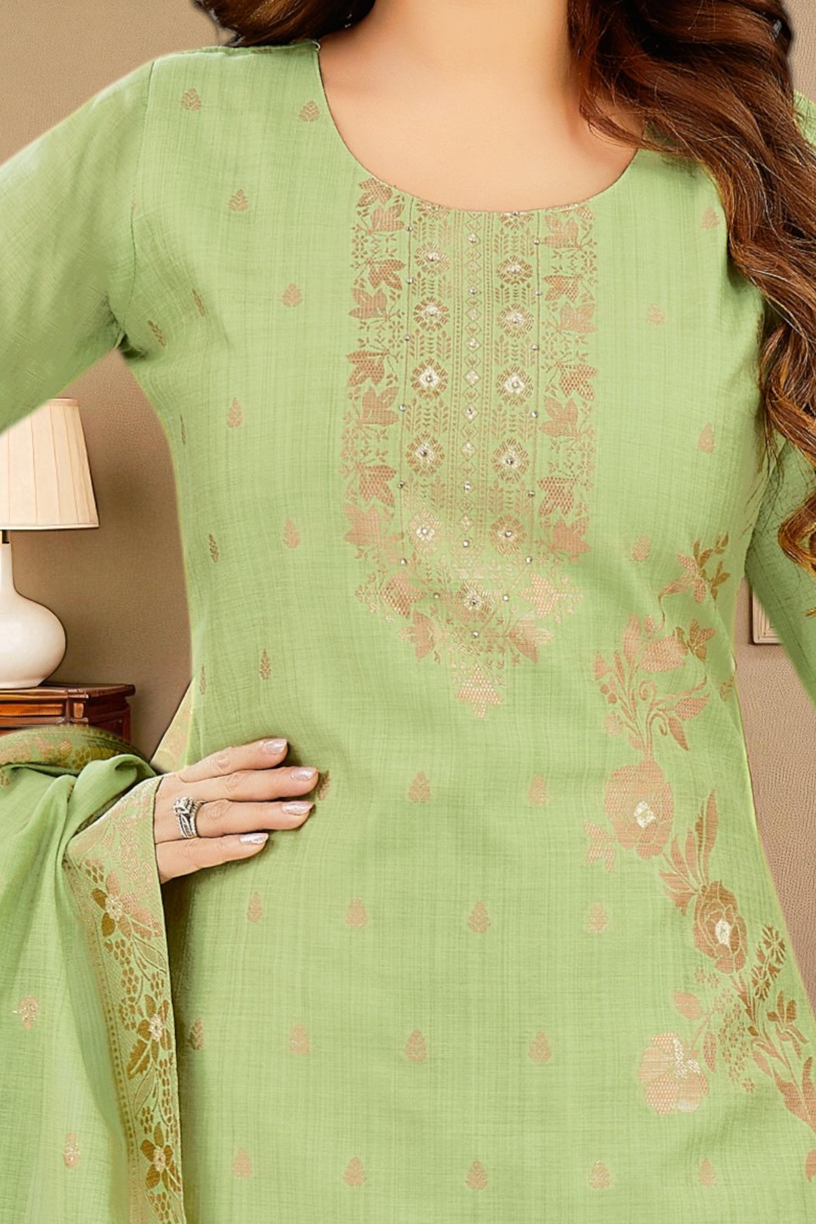 Pistachio green jacuard silk kurta set