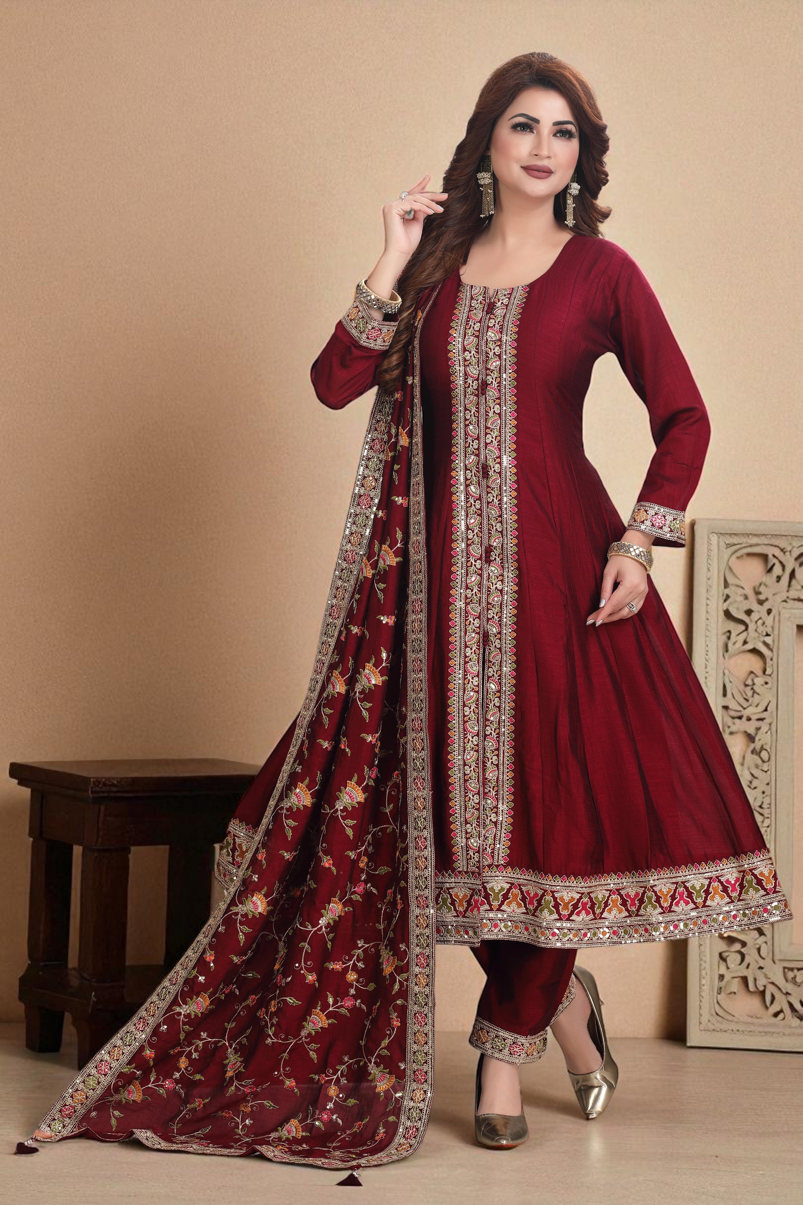 Maroon with gold chinon anarkali kurta set