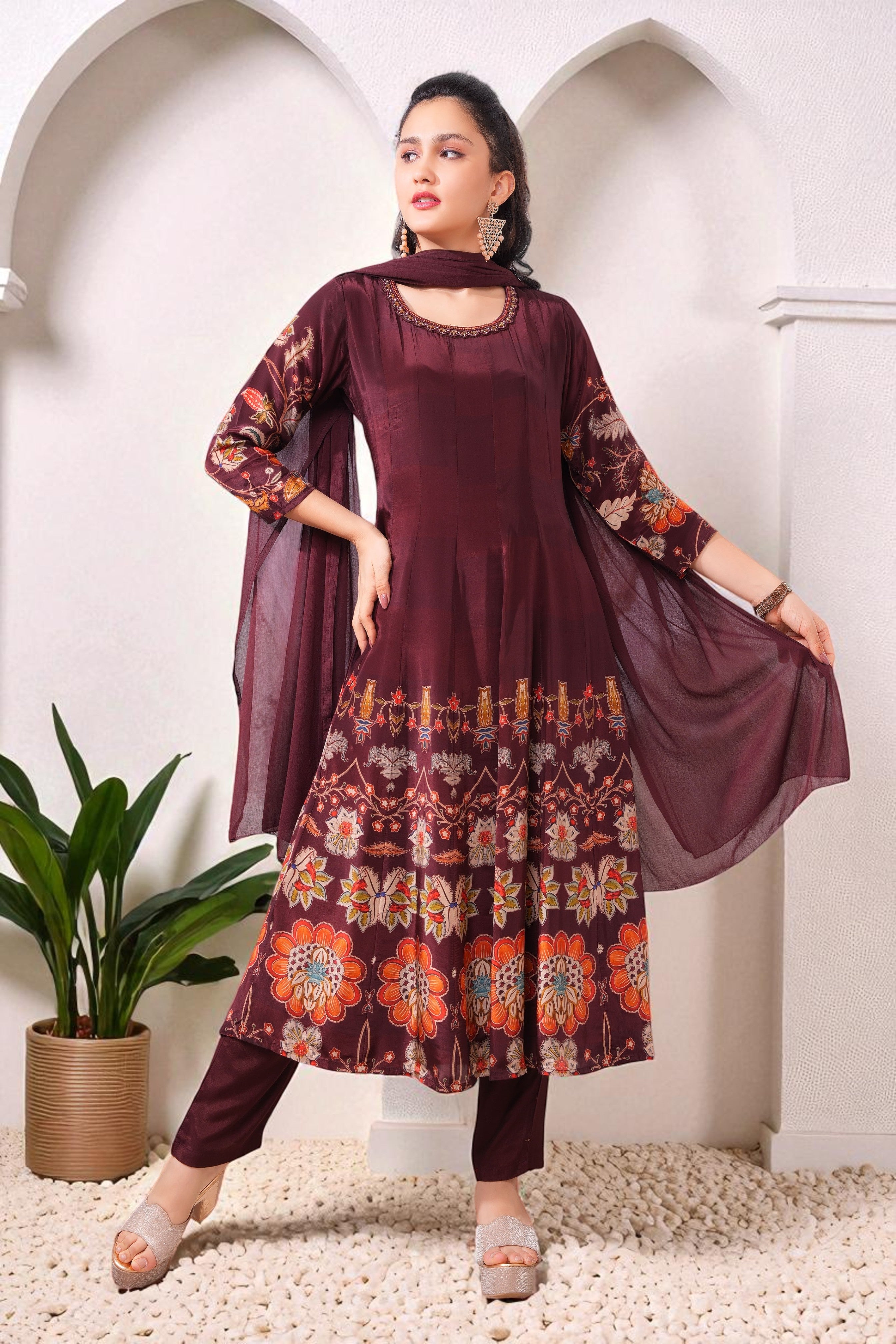Deep maroon crepe printed Anarkali set with chiffon dupatta