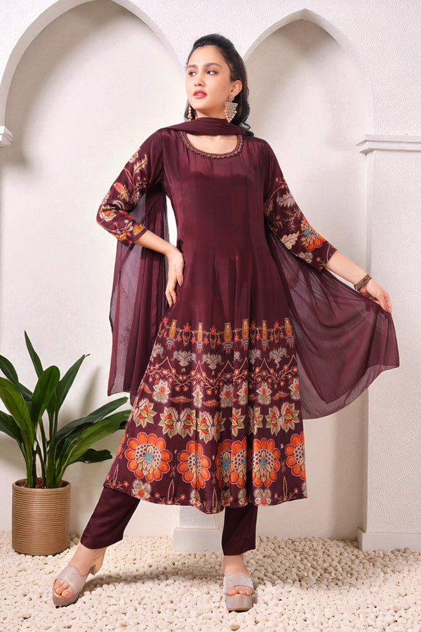 Deep maroon crepe printed Anarkali set with chiffon dupatta