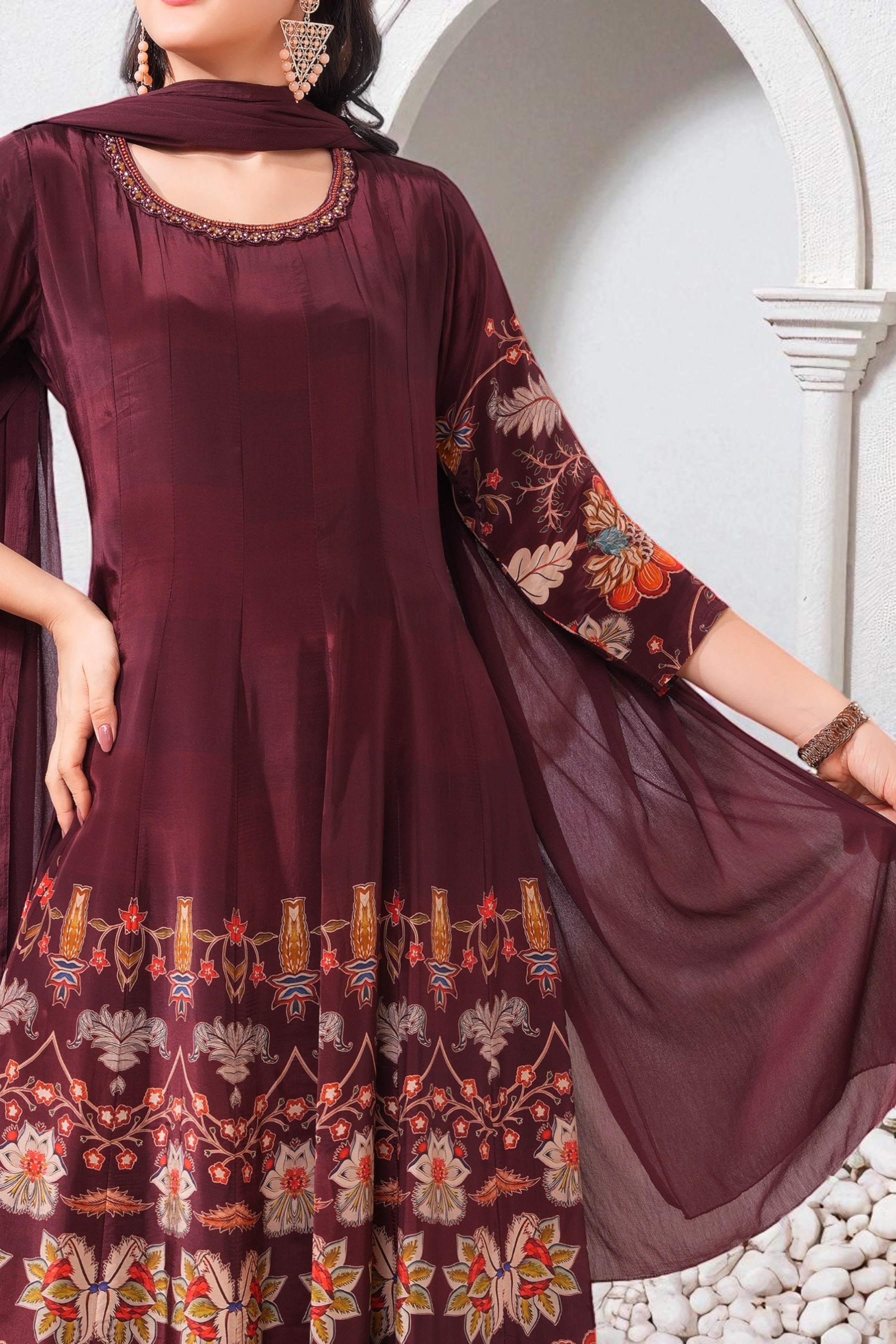 Deep maroon crepe printed Anarkali set with chiffon dupatta