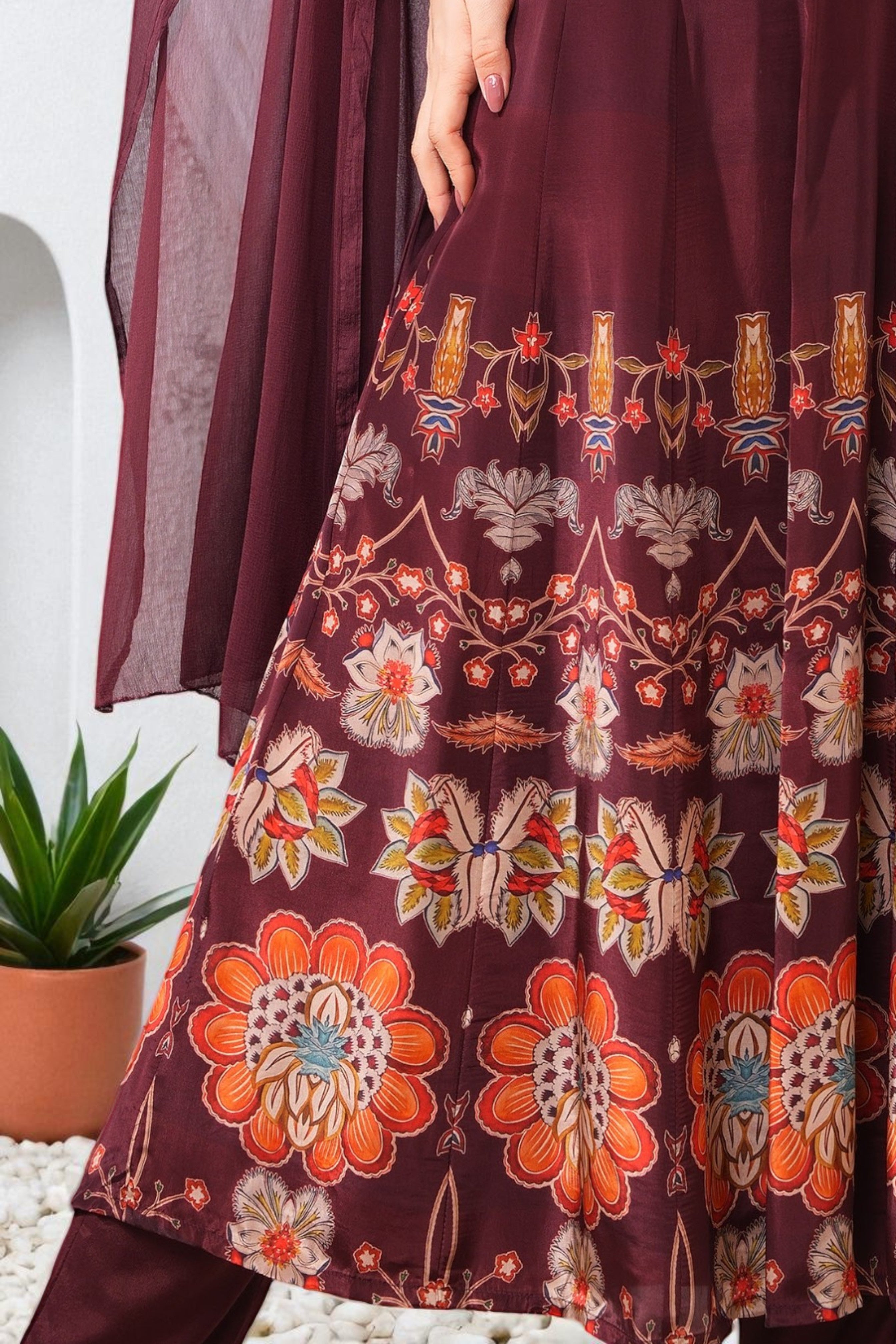 Deep maroon crepe printed Anarkali set with chiffon dupatta