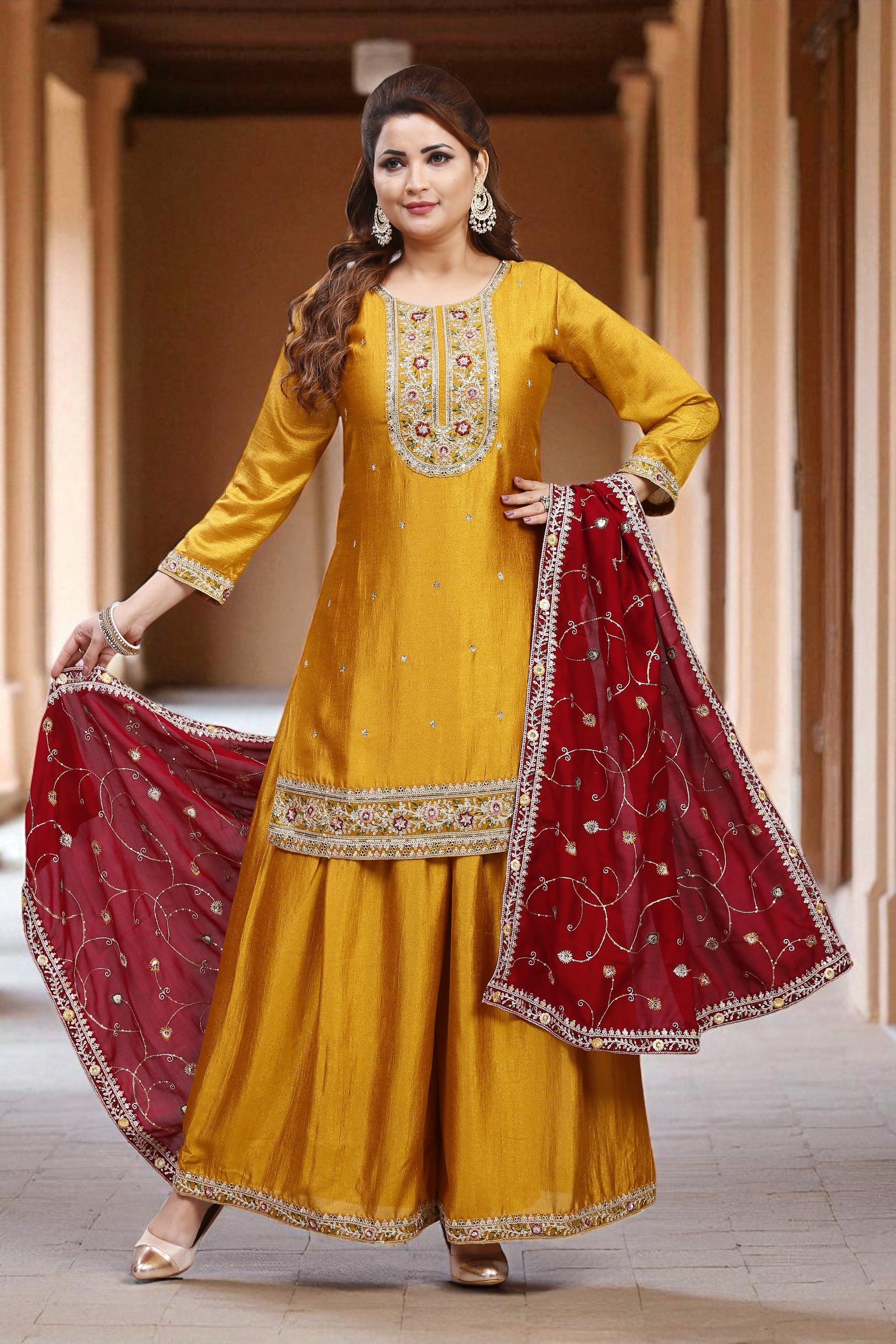 Golden yellow kurta and palazzo set with maroon dupatta