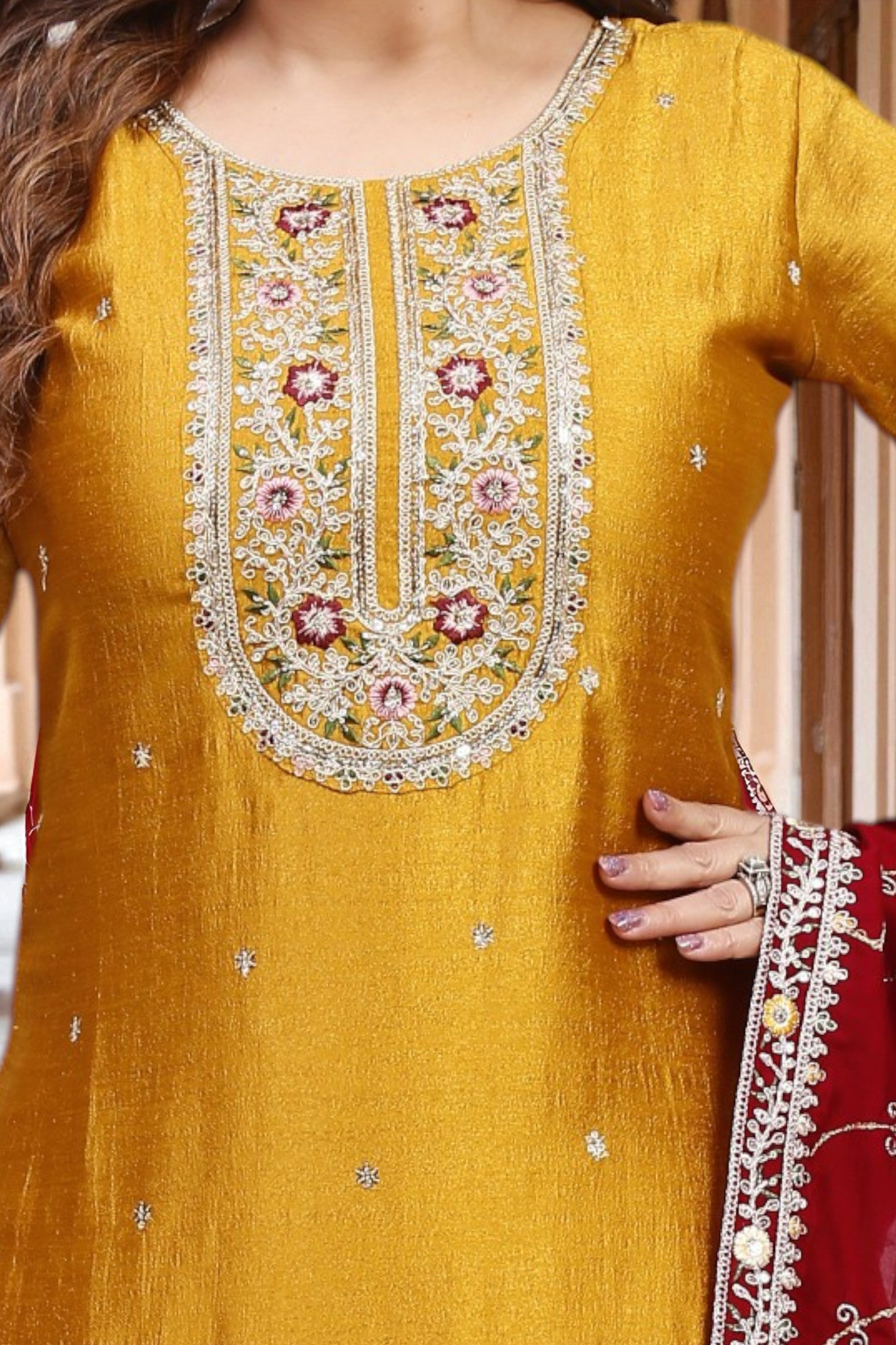 Golden yellow kurta and palazzo set with maroon dupatta