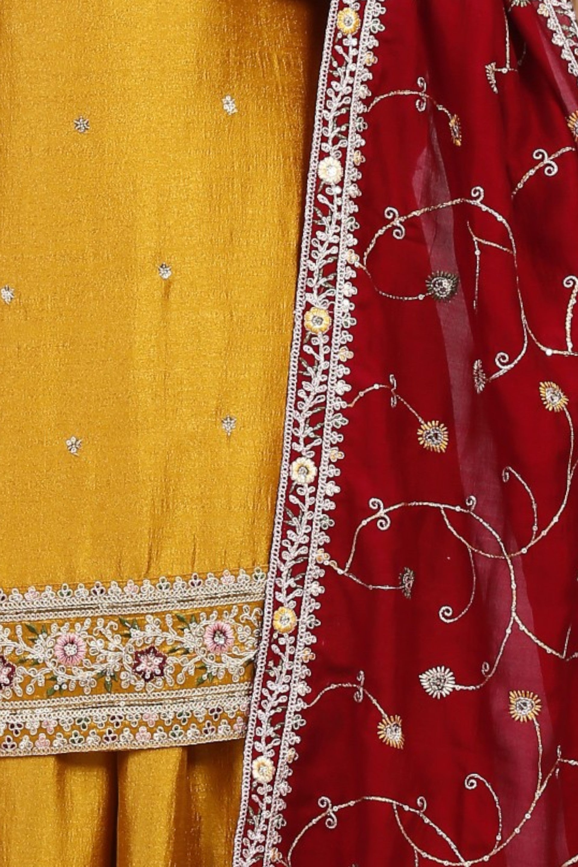 Golden yellow kurta and palazzo set with maroon dupatta