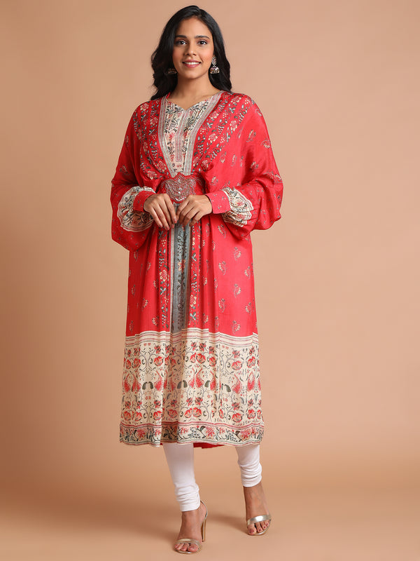 Red floral printed kaftan with zardozi motif