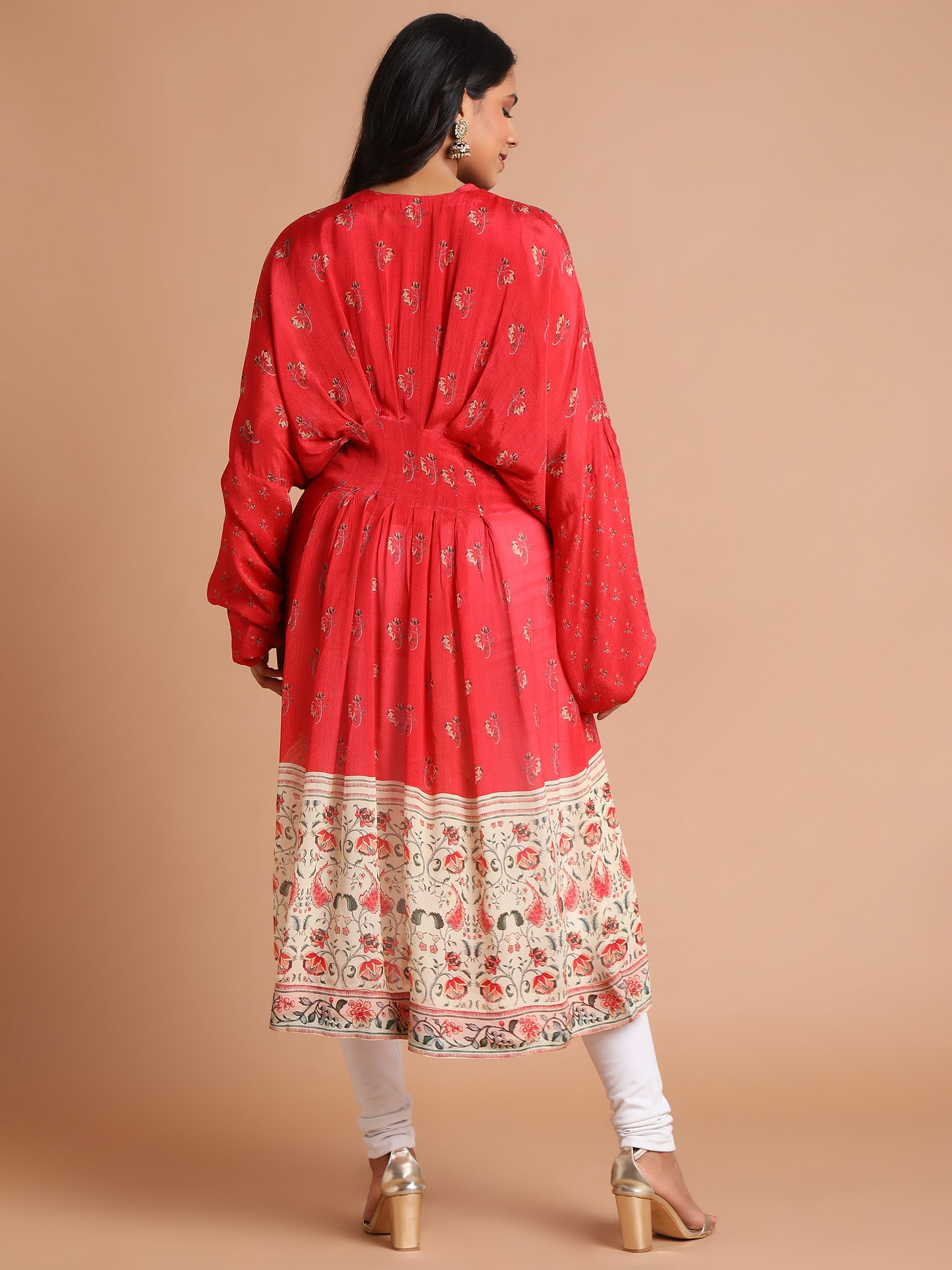 Red floral printed kaftan with zardozi motif