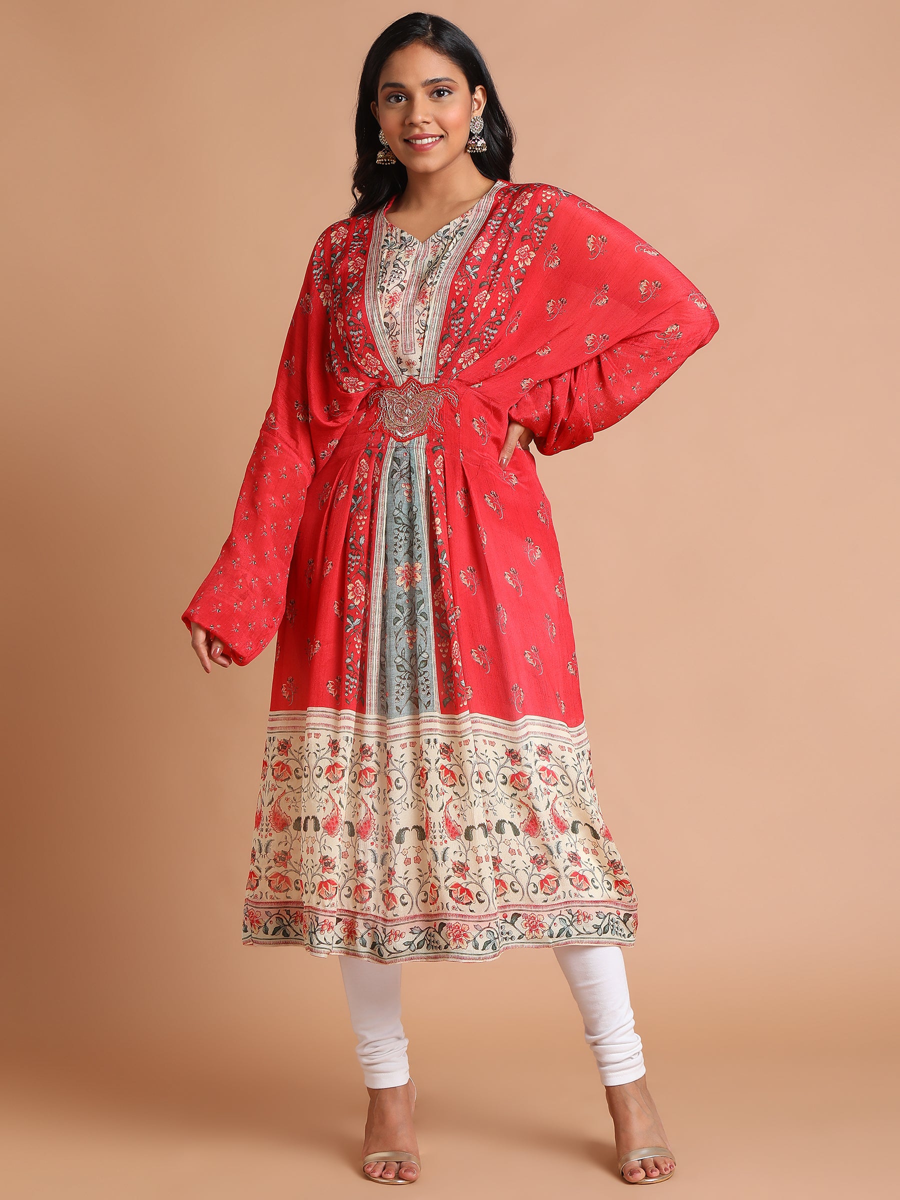 Red floral printed kaftan with zardozi motif