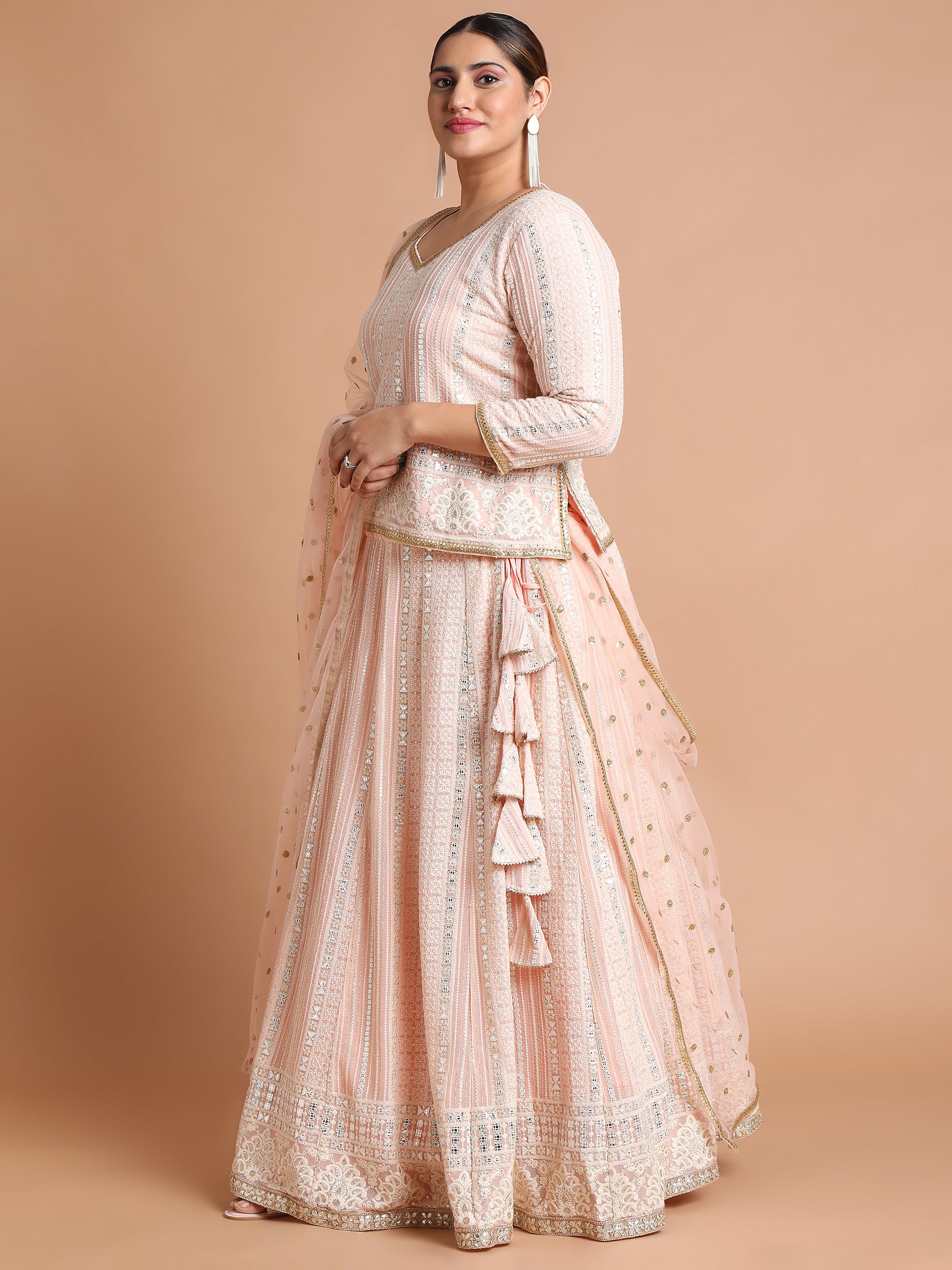 Peachy pink sequin and thread embroidered lehenga set