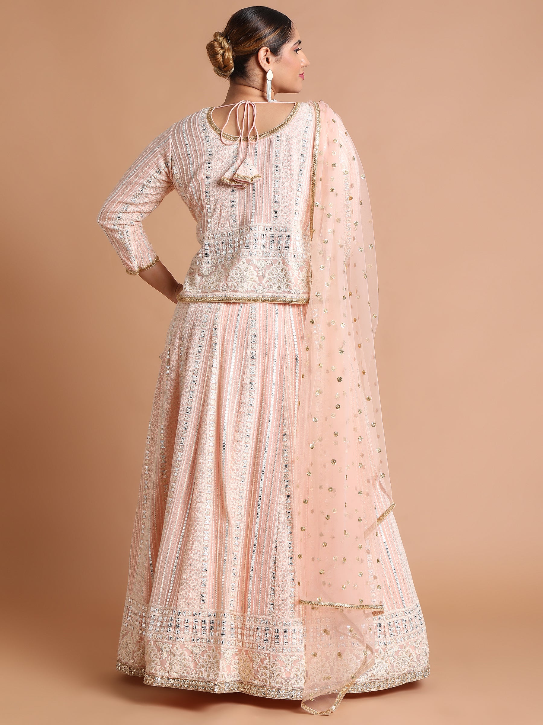 Peachy pink sequin and thread embroidered lehenga set