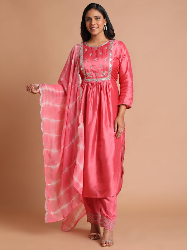 Coral pink embroidered pleated kurta set with tie dye scallop dupatta