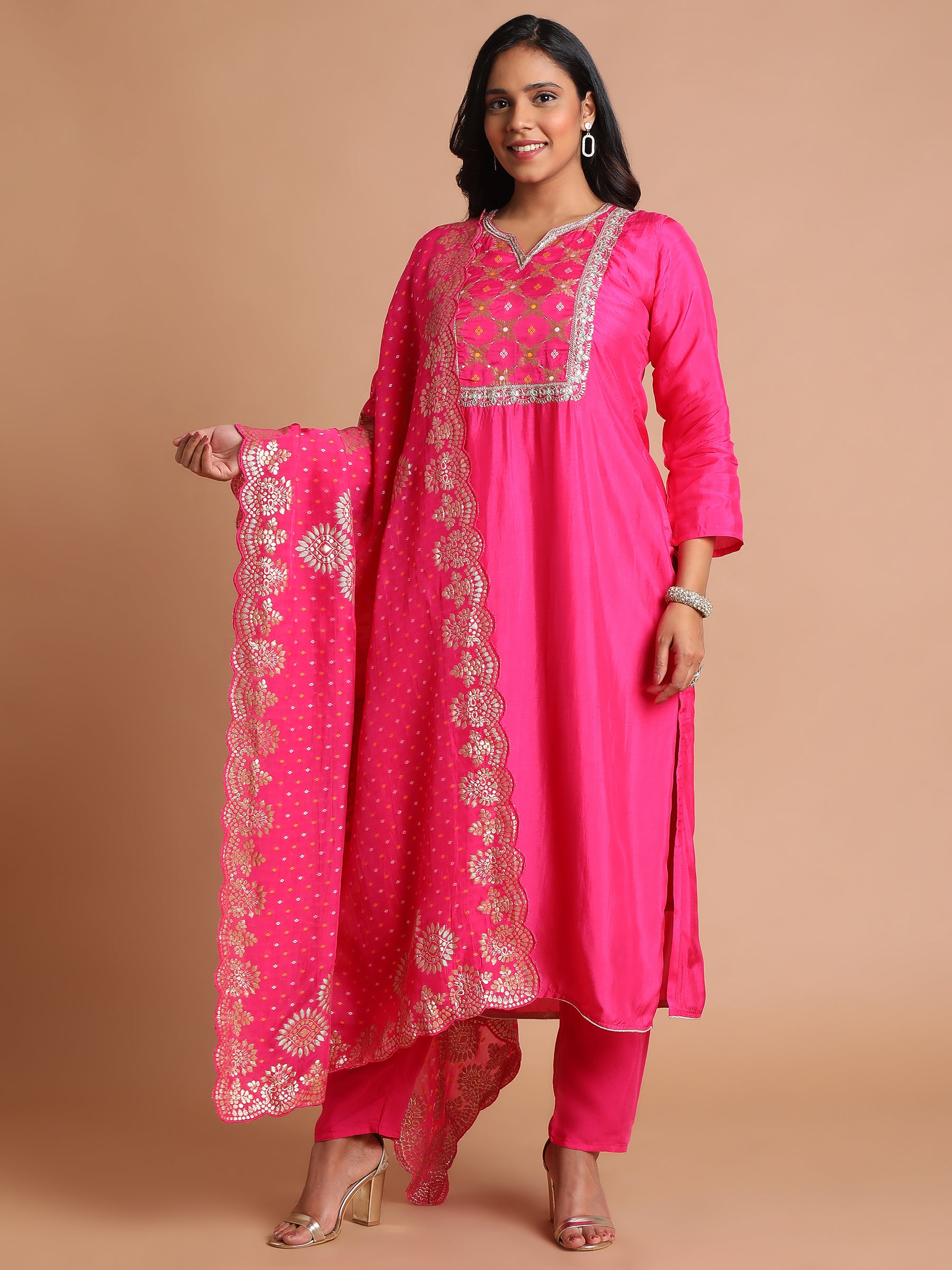 Hot pink mixed fabric embroidered kurta set with brocade dupatta