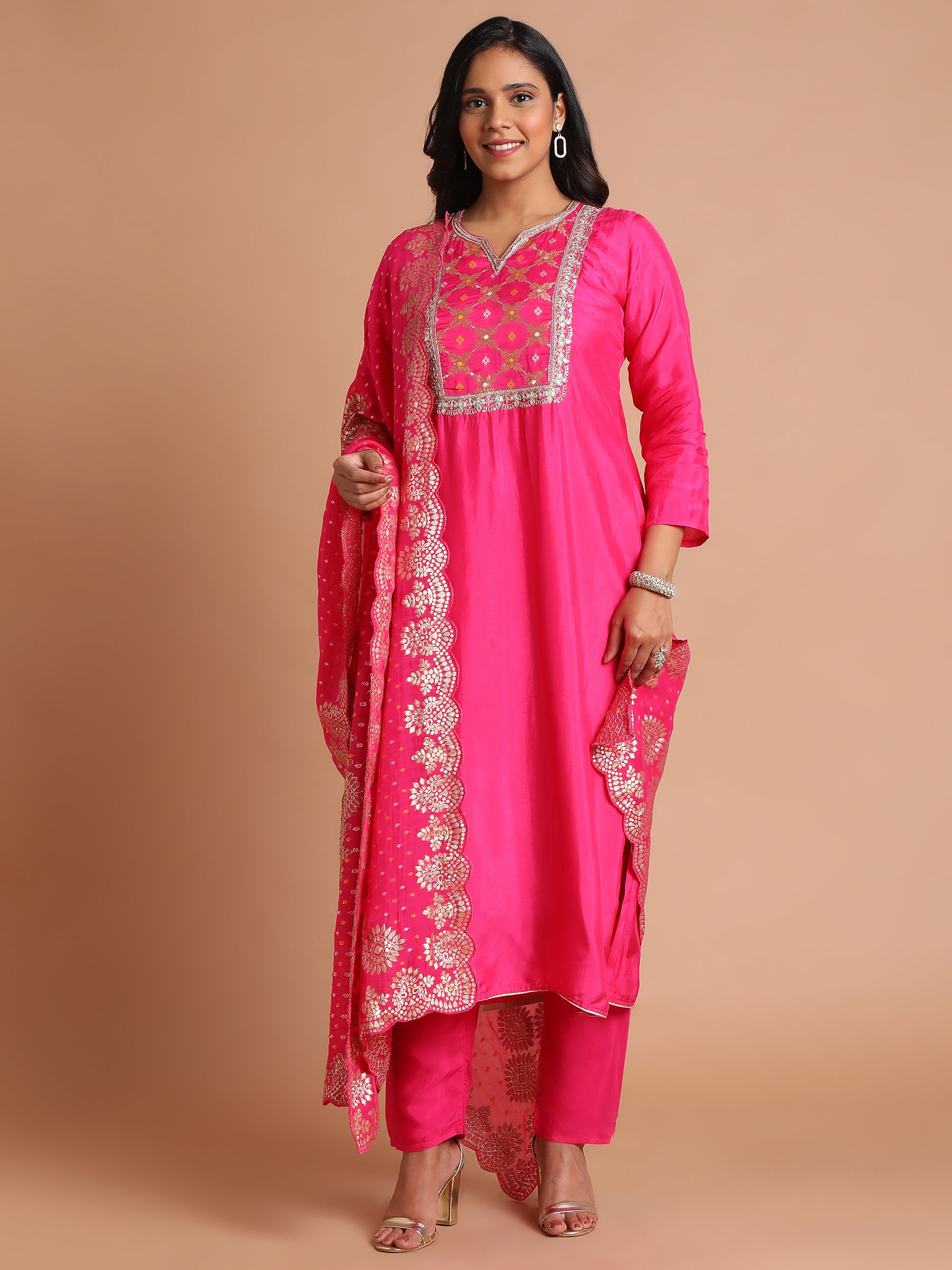 Hot pink mixed fabric embroidered kurta set with brocade dupatta