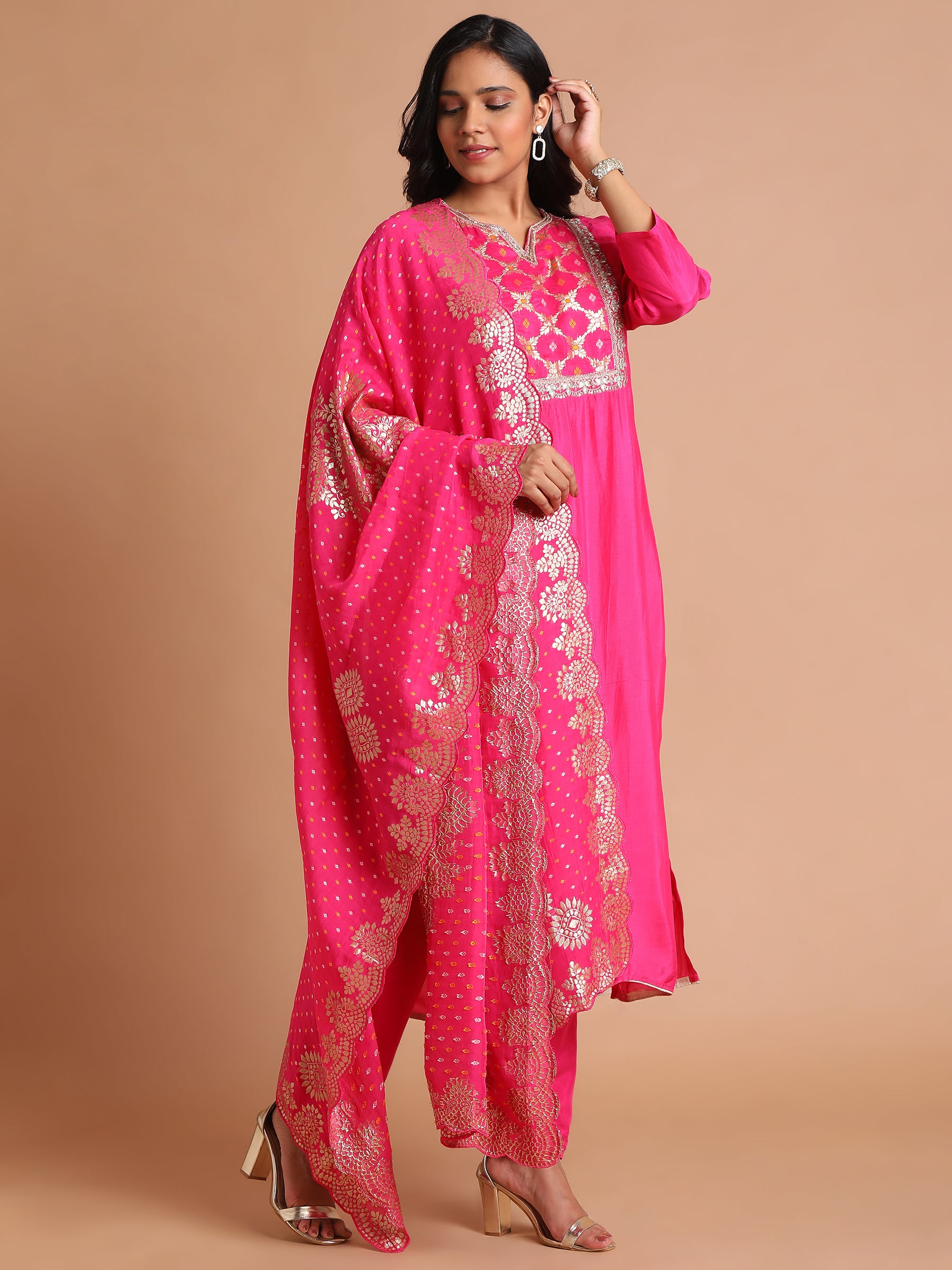 Hot pink mixed fabric embroidered kurta set with brocade dupatta