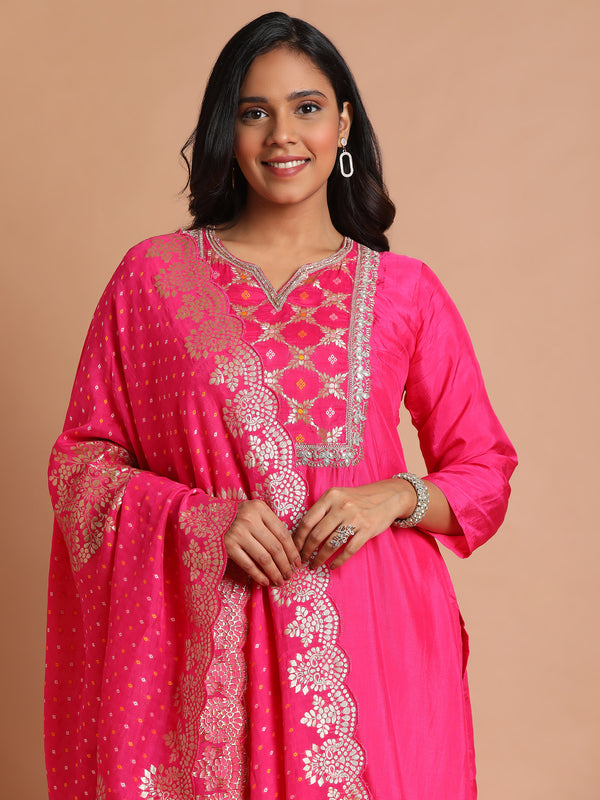 Hot pink mixed fabric embroidered kurta set with brocade dupatta