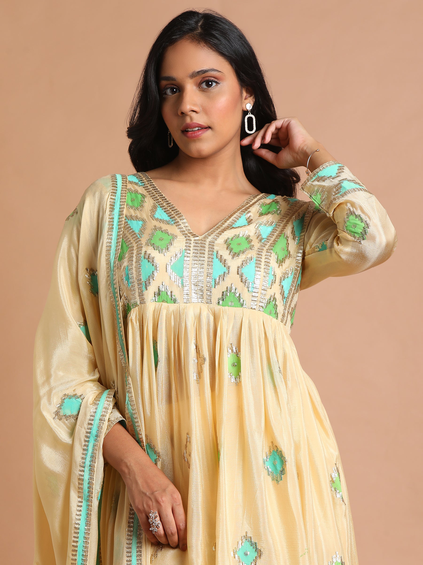 Light yellow patchwork peplum kurta and sharara set