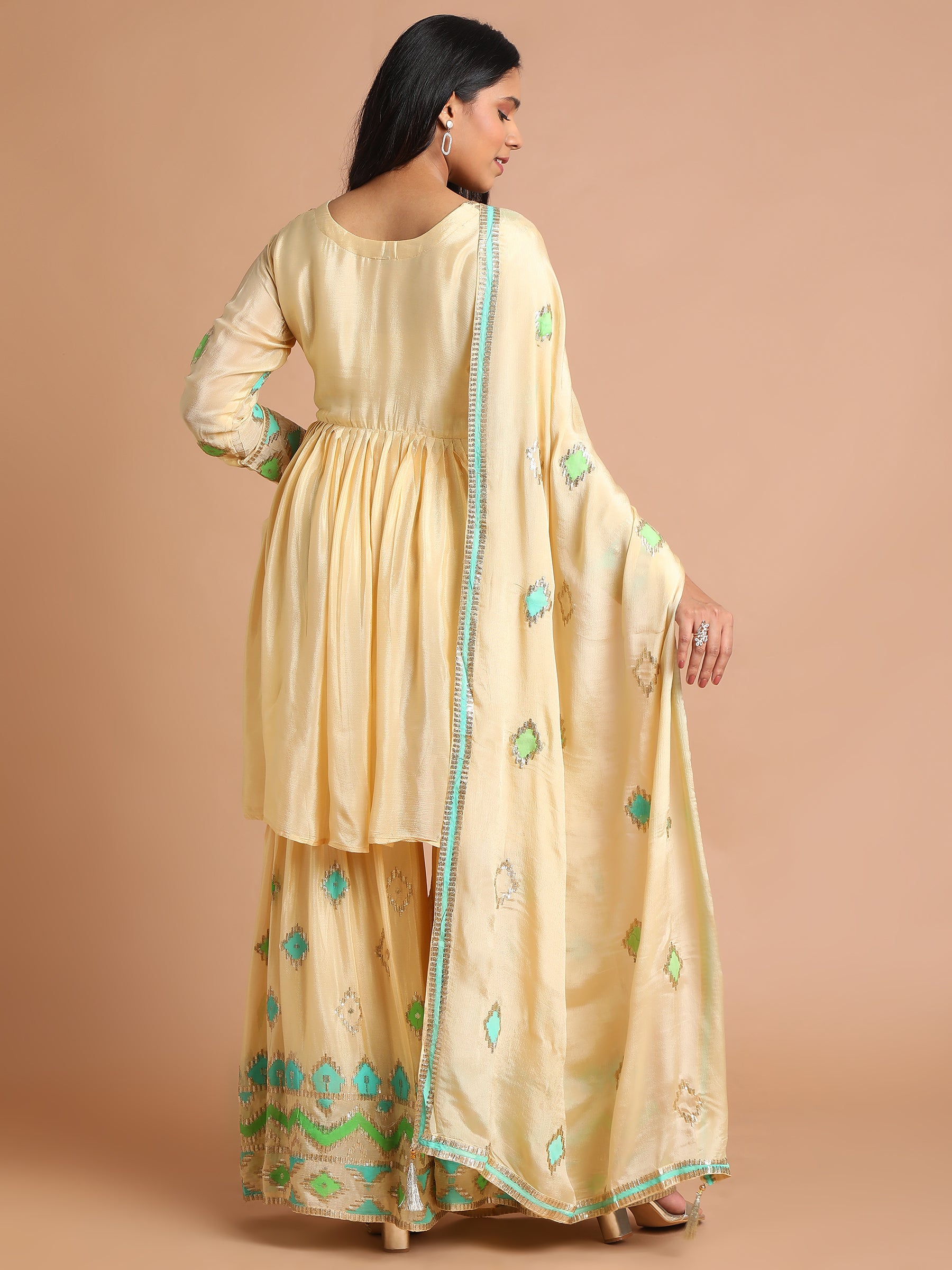 Light yellow patchwork peplum kurta and sharara set