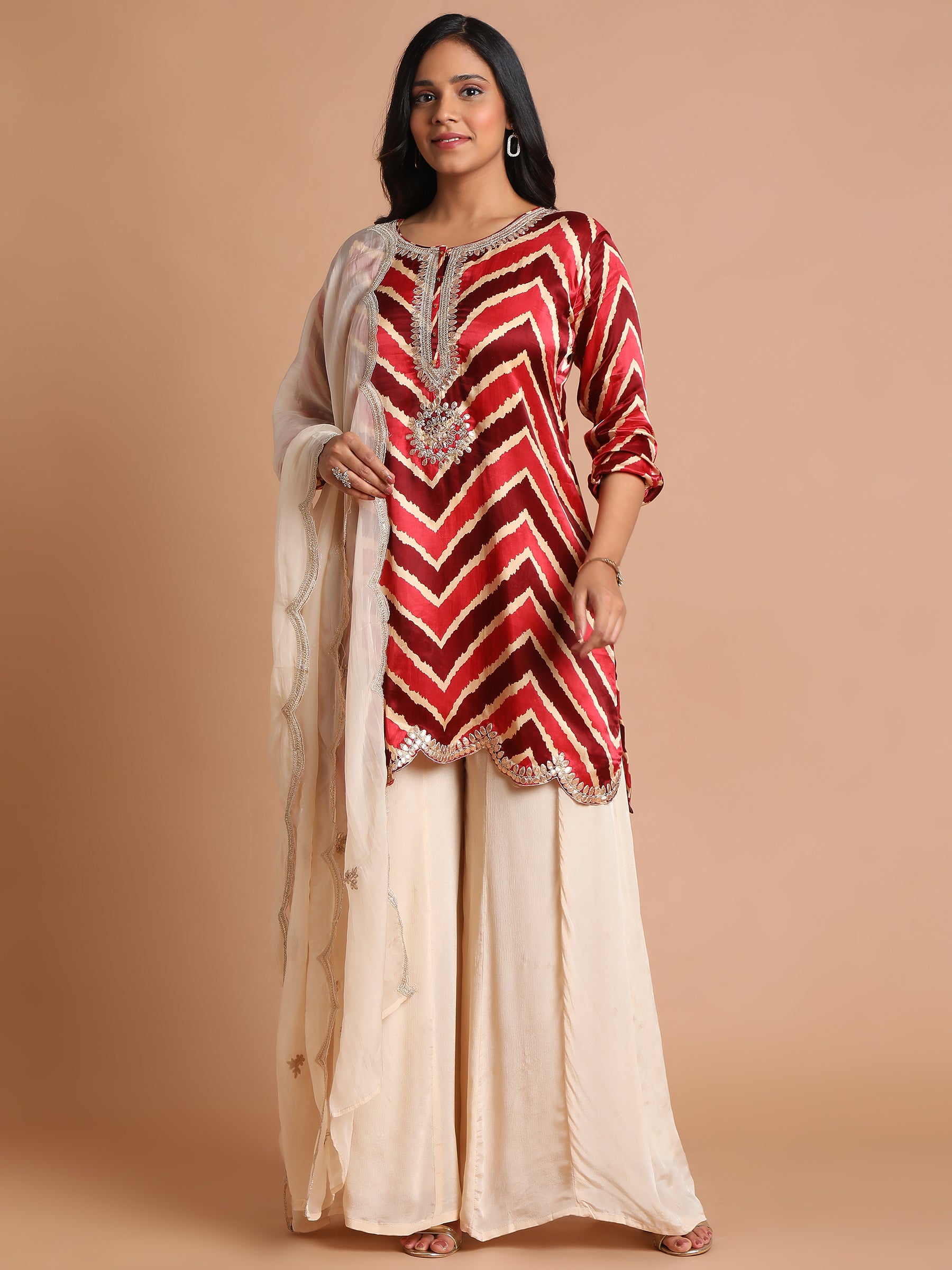 Red and maroom embroidered kurta set with palazzo pants