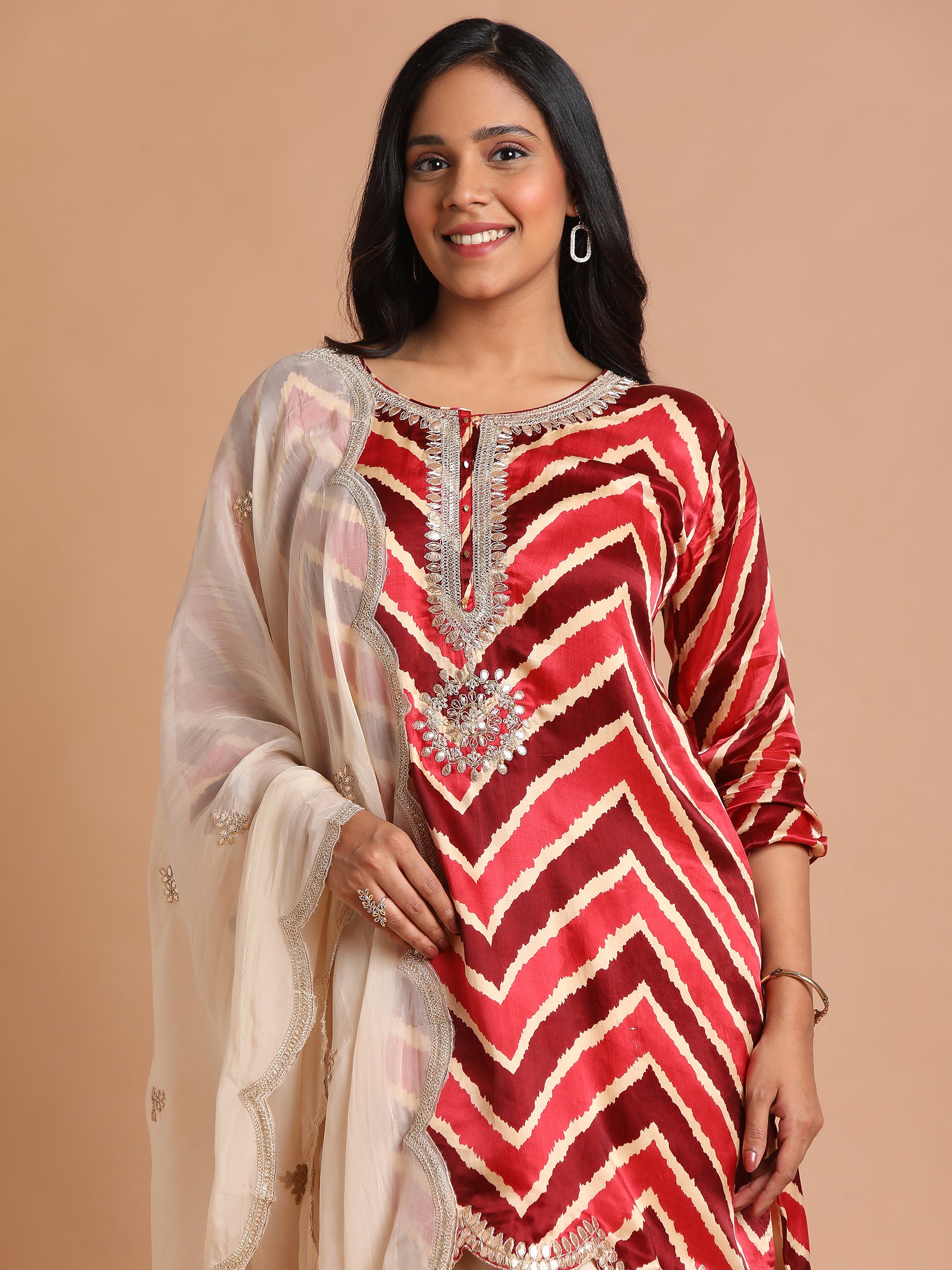 Red and maroom embroidered kurta set with palazzo pants