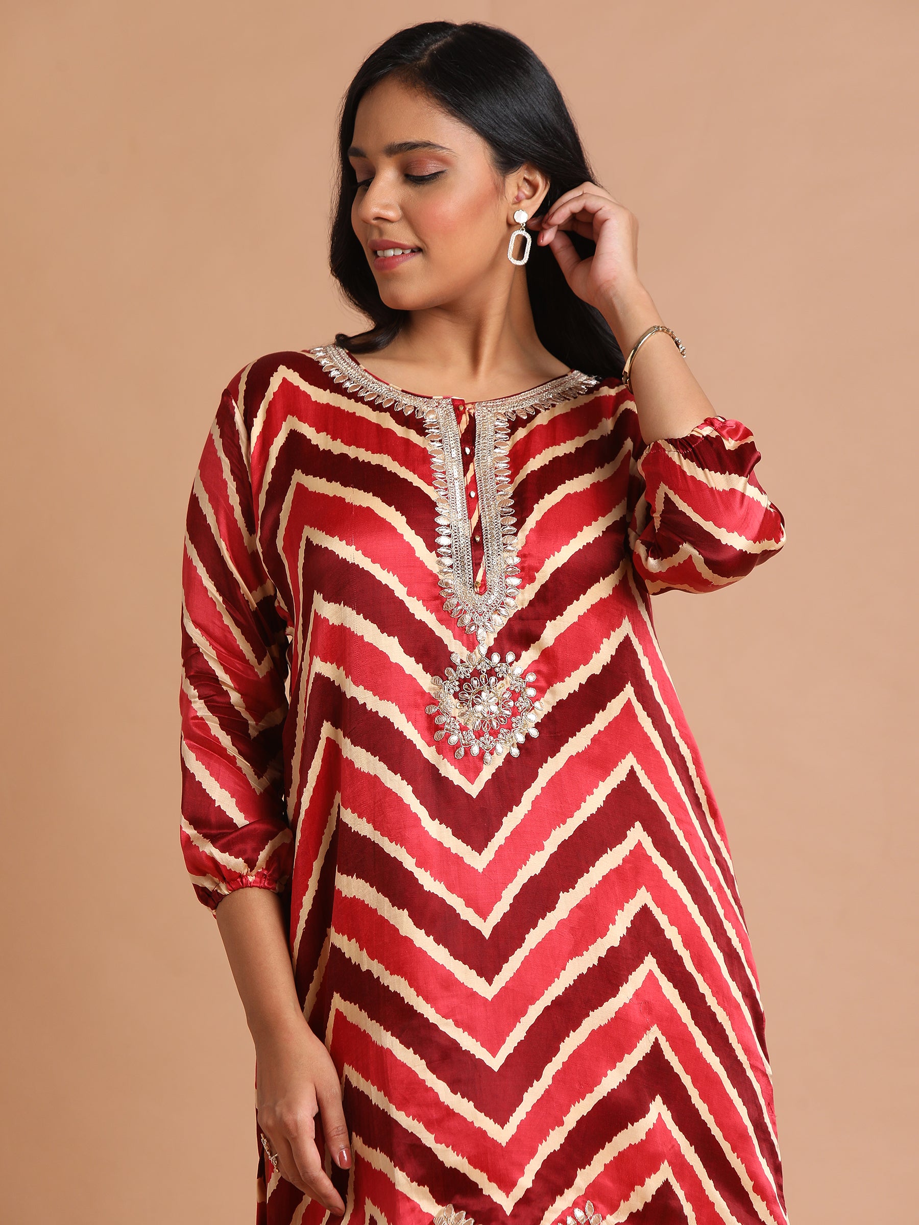 Red and maroom embroidered kurta set with palazzo pants