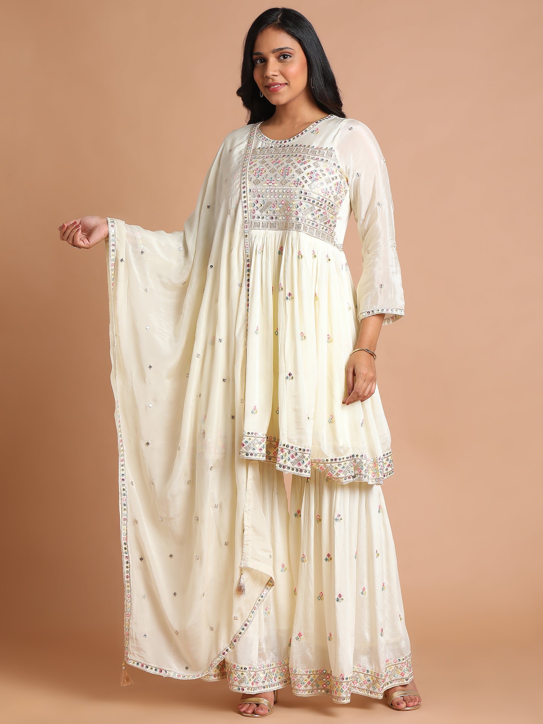 Cream with multicolor mirror embroidered kurta and sharara set