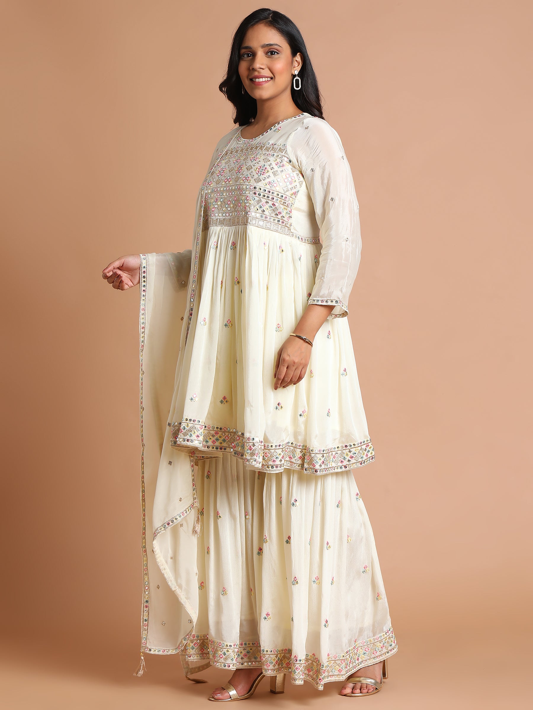 Cream with multicolor mirror embroidered kurta and sharara set