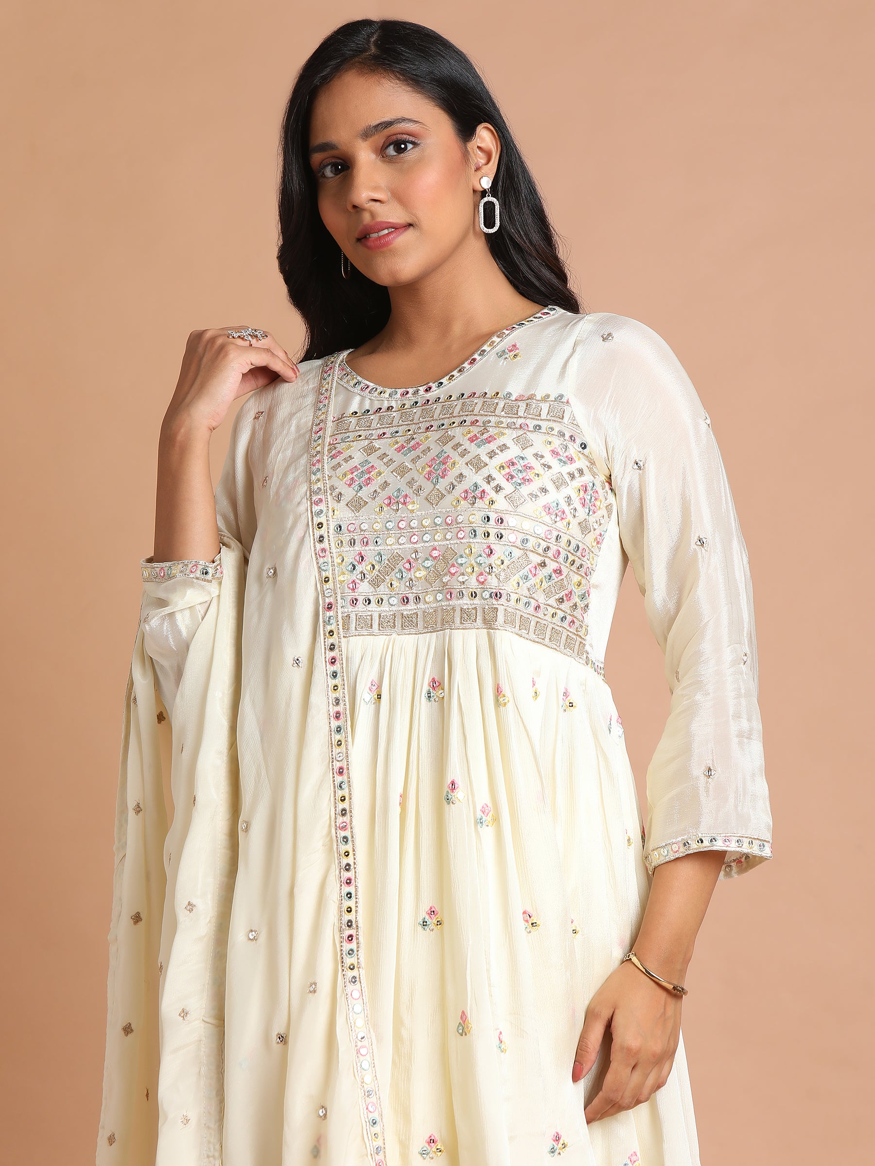 Cream with multicolor mirror embroidered kurta and sharara set