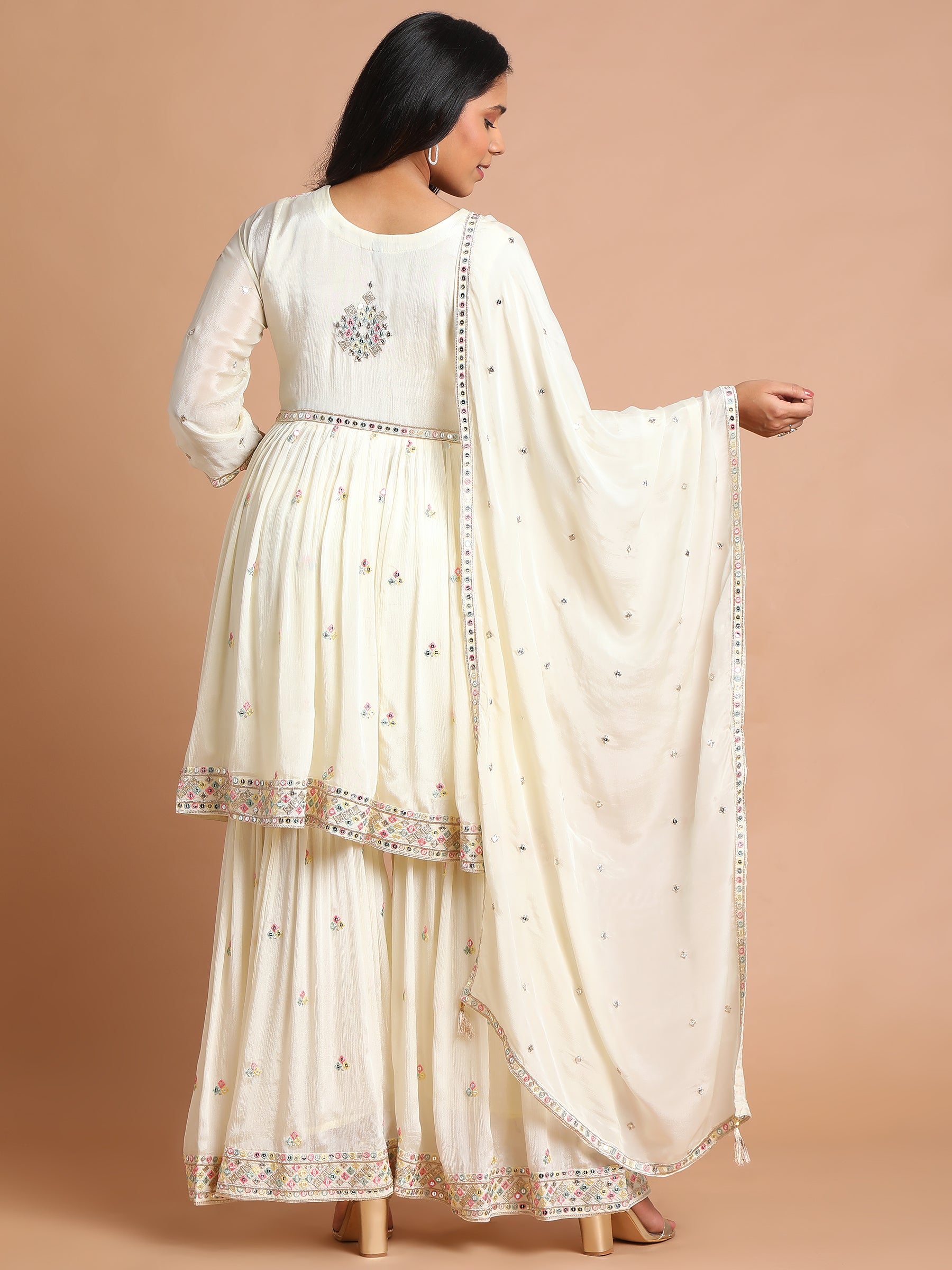 Cream with multicolor mirror embroidered kurta and sharara set