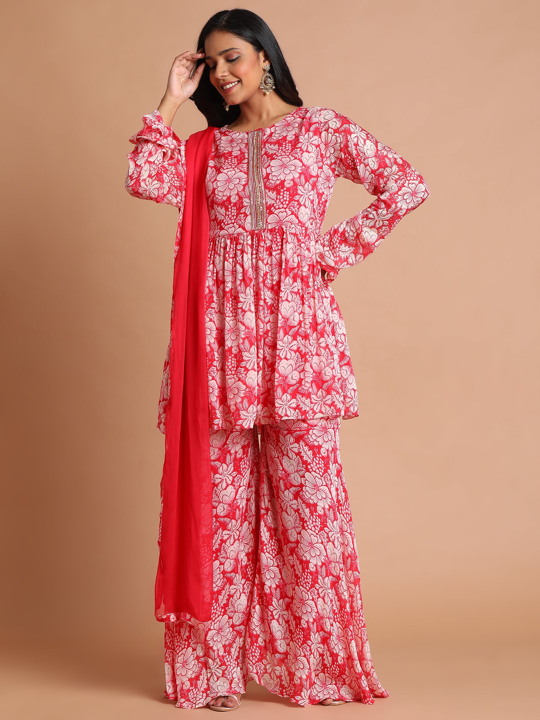 Red white floral printed kurta and sharara set