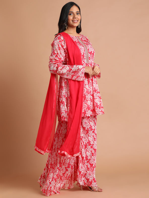 Red white floral printed kurta and sharara set