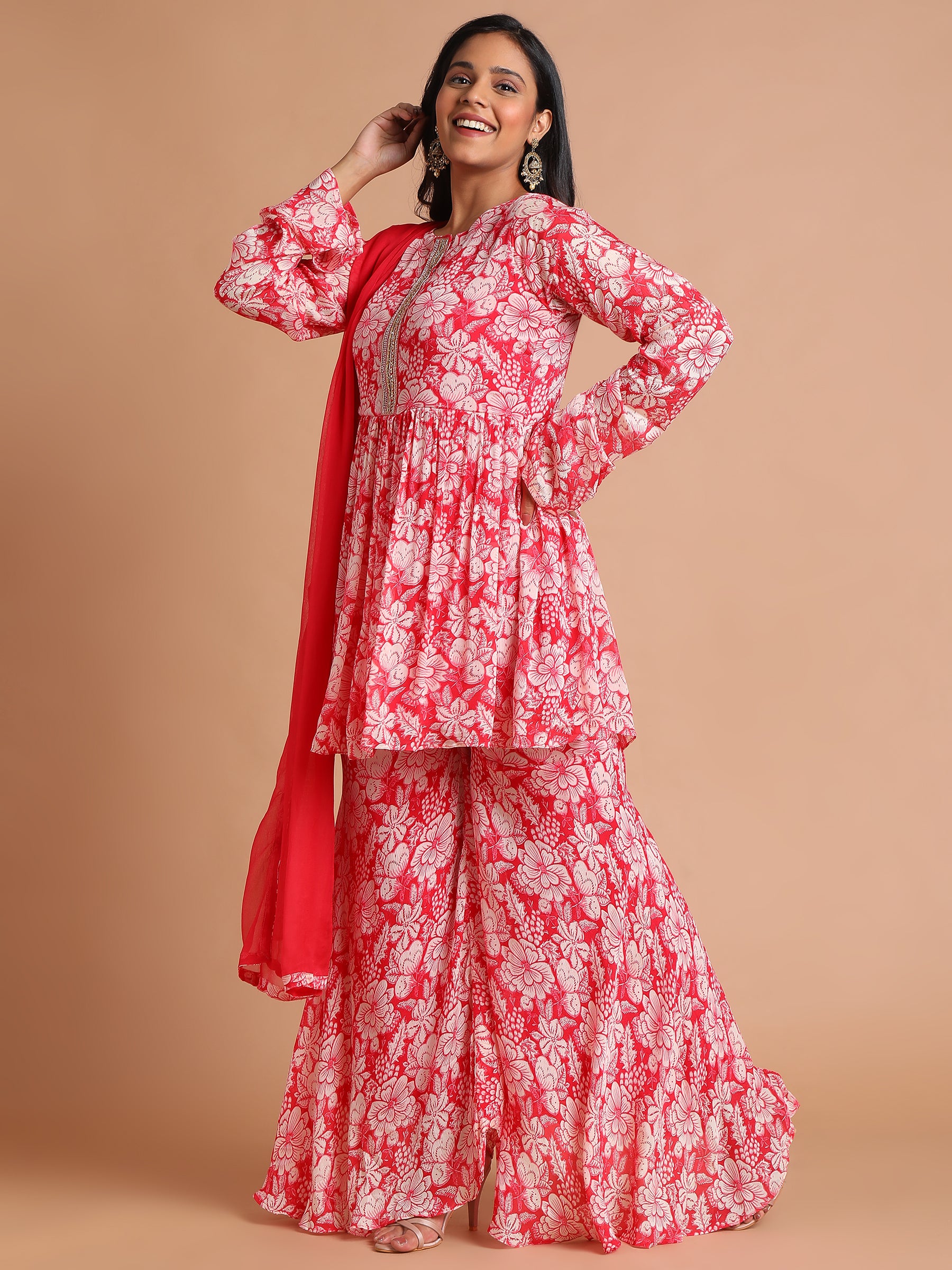 Red white floral printed kurta and sharara set