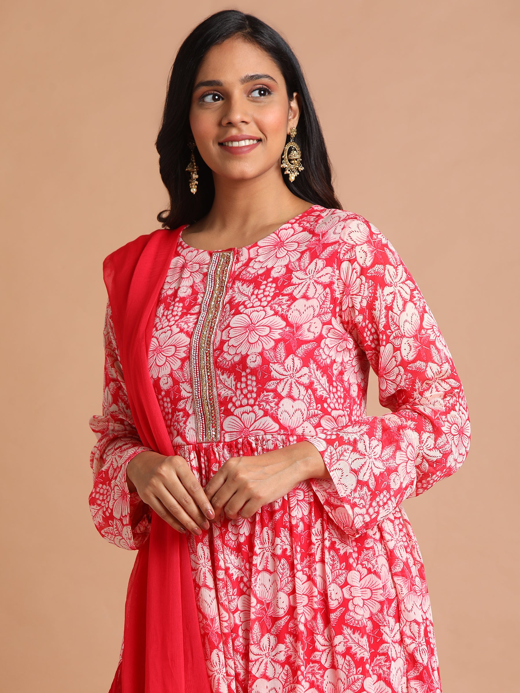 Red white floral printed kurta and sharara set