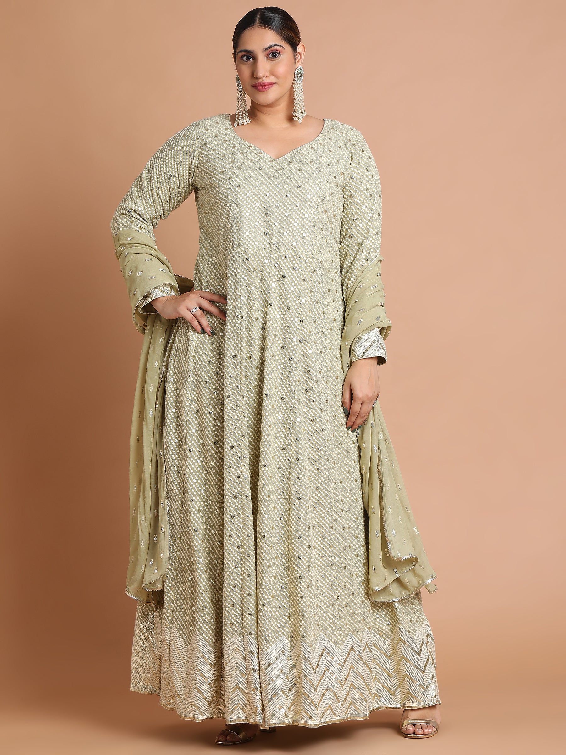 Light olive green sequin embroidered gown and dupatta