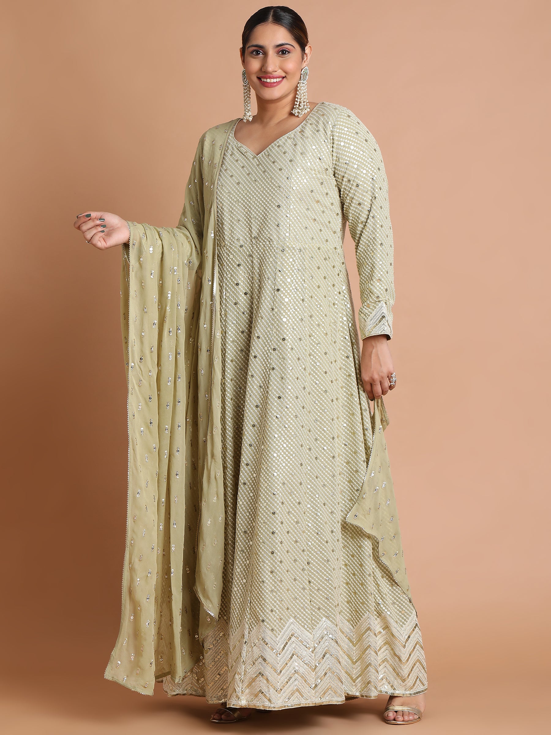 Light olive green sequin embroidered gown and dupatta